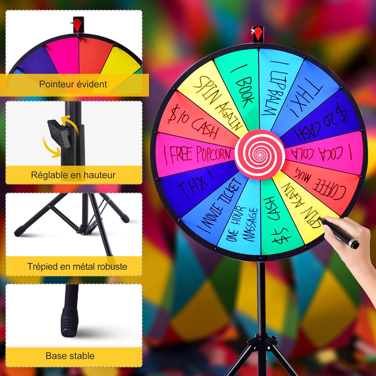 RELAX4LIFE 24" Glücksrad, Drehrad-Spielzeug mit Stativ, Markierstift, Radiergummi, Glücksrad zum Drehen für Lotteriespiele, Wortspiele, 14 Slots & Ø60cm, Roulette für Party, Karneval, Veranstaltungen