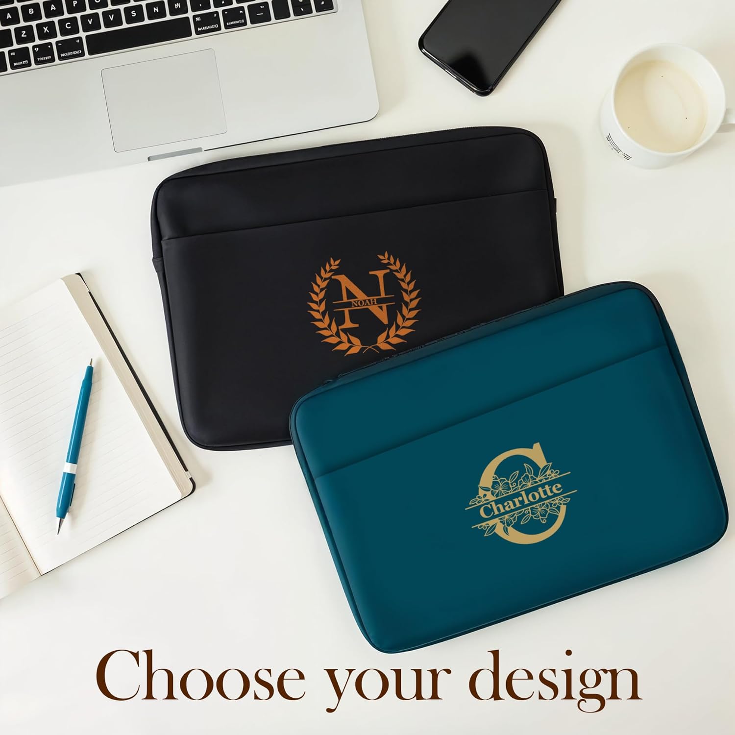 Personalized Laptop Sleeve with Custom Name and Initial, Lightweight Slim Padded Case with Zipper for School Travel Office, Protective Computer Cover for Daily Use- 15.6'', Cyan
