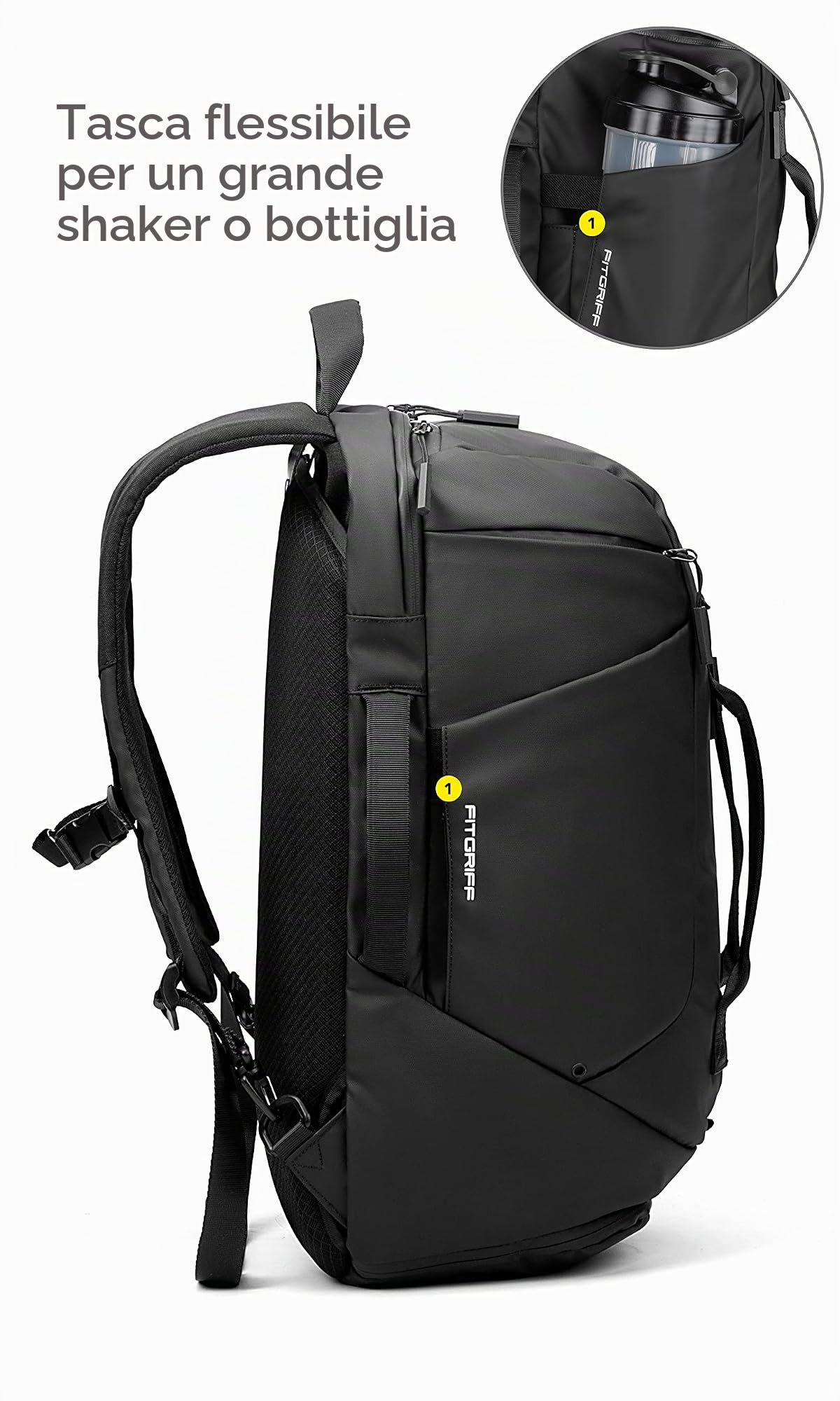 Fitgriff® Borsone Palestra Zaino - Borsa Convertibile Zaino da Viaggio, con Scomparti per Scarpe e PC - per Lavoro, Sport & Allenamento - Bagaglio a Mano (35L) (Black)