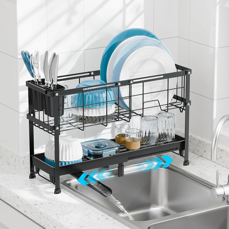 Narrow 2 Tier Dish Drying Rack - Expandable for Small Kitchens & RVs | Compact 7 in Wide, Expands 15.7-20.7 in, 360° Rotating Drain Spout, Removable Utensil Holder, Ideal for 1-2 People, Black