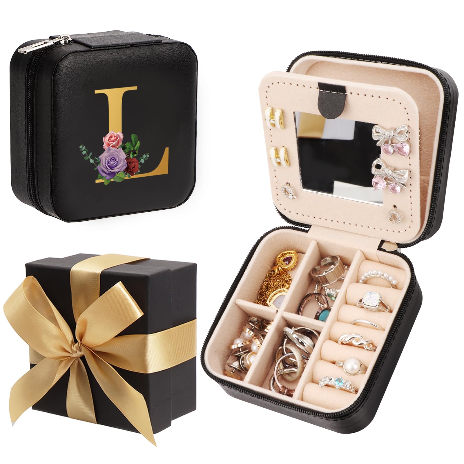WALLFID WALLFID Bow-Tied Gift Box,Joyero Viaje,Organizador Joyas con Espejo,Regalos Comunión Niña,Regalo Cumpleaños Mujer - Negro,para Relojes,Labiales,Pendientes,Collares (L)