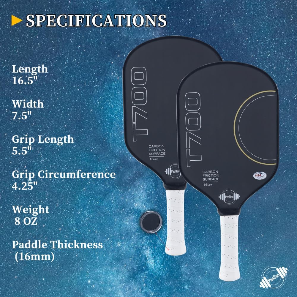 USAPA Approved T700 Raw Carbon Fiber Pickleball Paddle with a Rev-Core Power Polymer Core, Charged Carbon Surface, 16mm Paddle Ultimate Spin, Control & Consistency, Anti Slip Sweat Absorbing Grip