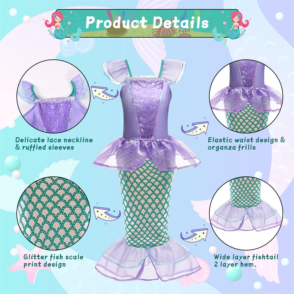 ACWOO Costume da Principessa Sirena per Bambina, Costume da Sirena per Bambine con Aaccessori, Vestito Costume da Principessa Sirena per Bambina per Halloween, Natale, Cosplay, Compleanno