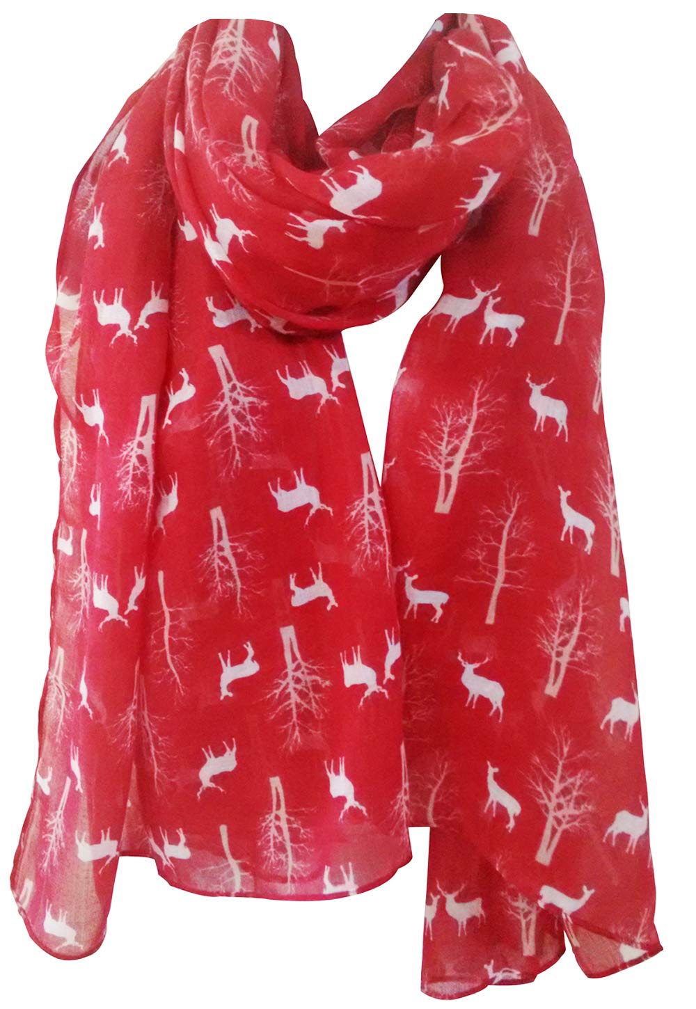 Glamlondon Women's Red Deer Scarf Winter Deers Fir Tree Reindeer Printed Christmas Scarves Gift (Red)(Size: L)