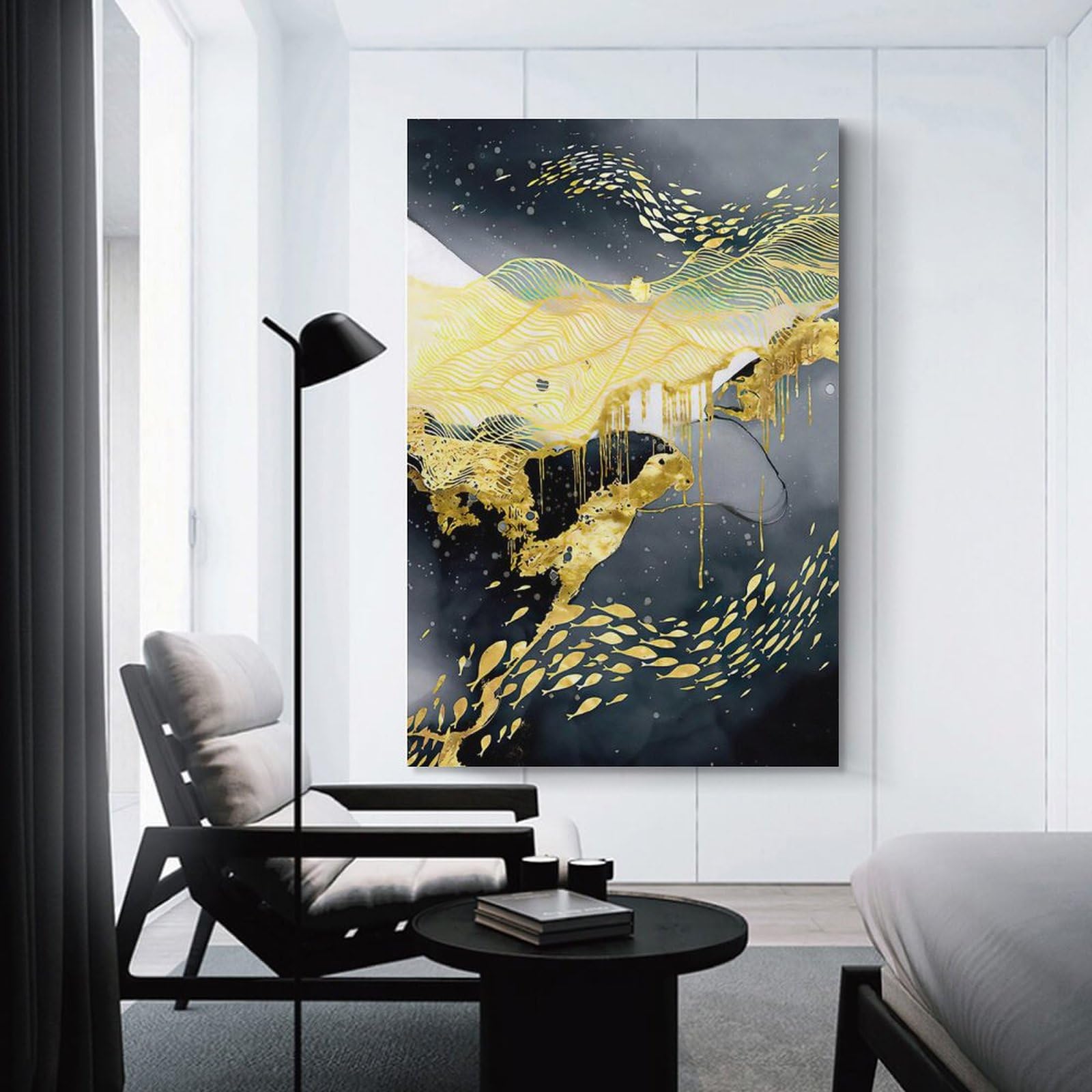 Amazon.co.jp: 抽象的な緑、黄色、光沢のある金の北欧絵画ポップアート