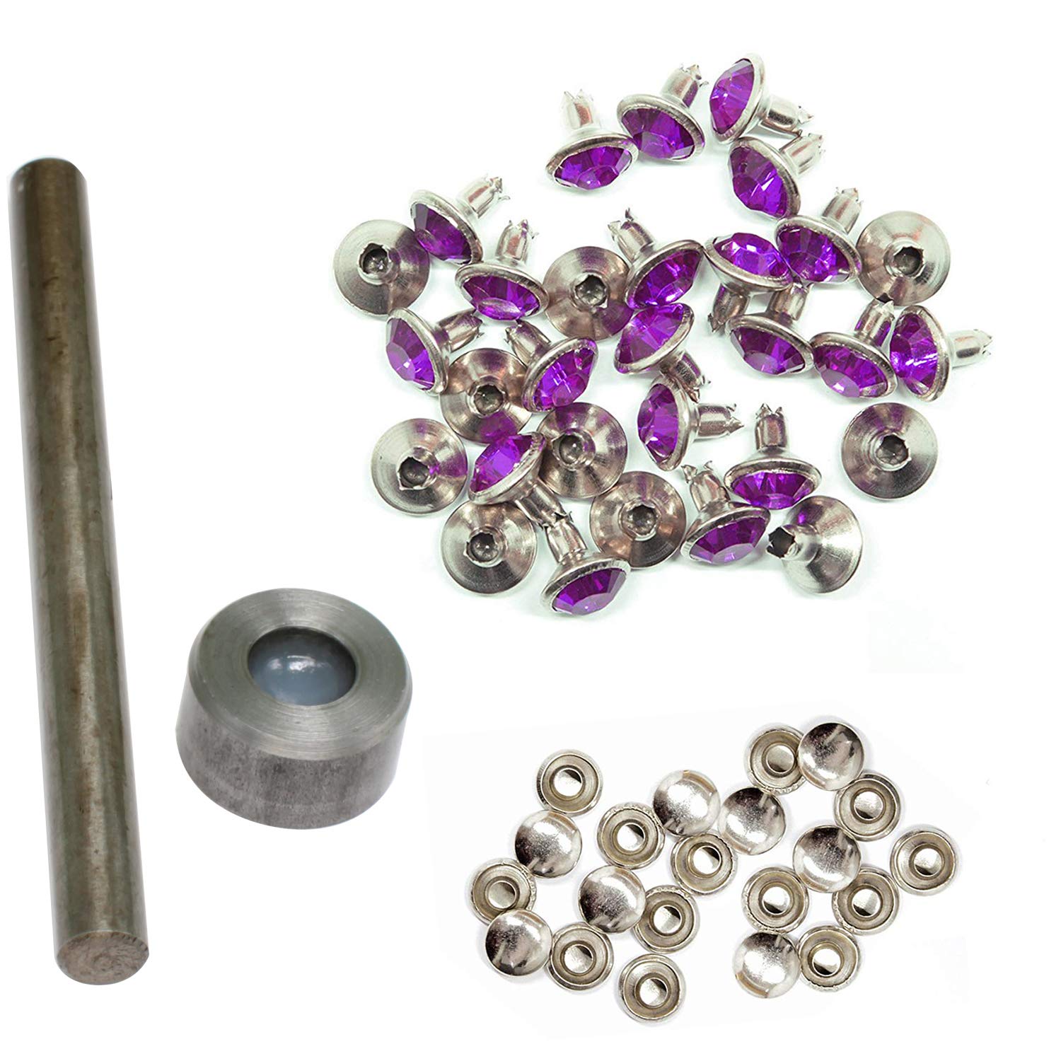Trimming Shop 8mm Violet Purple Acrylic Rhinestone Diamante Rivet Studs with Setting Hand Tools For Fashion Accessory, Leather Crafts, Belts, Bags, Shoe, Dog Straps, 50pcs