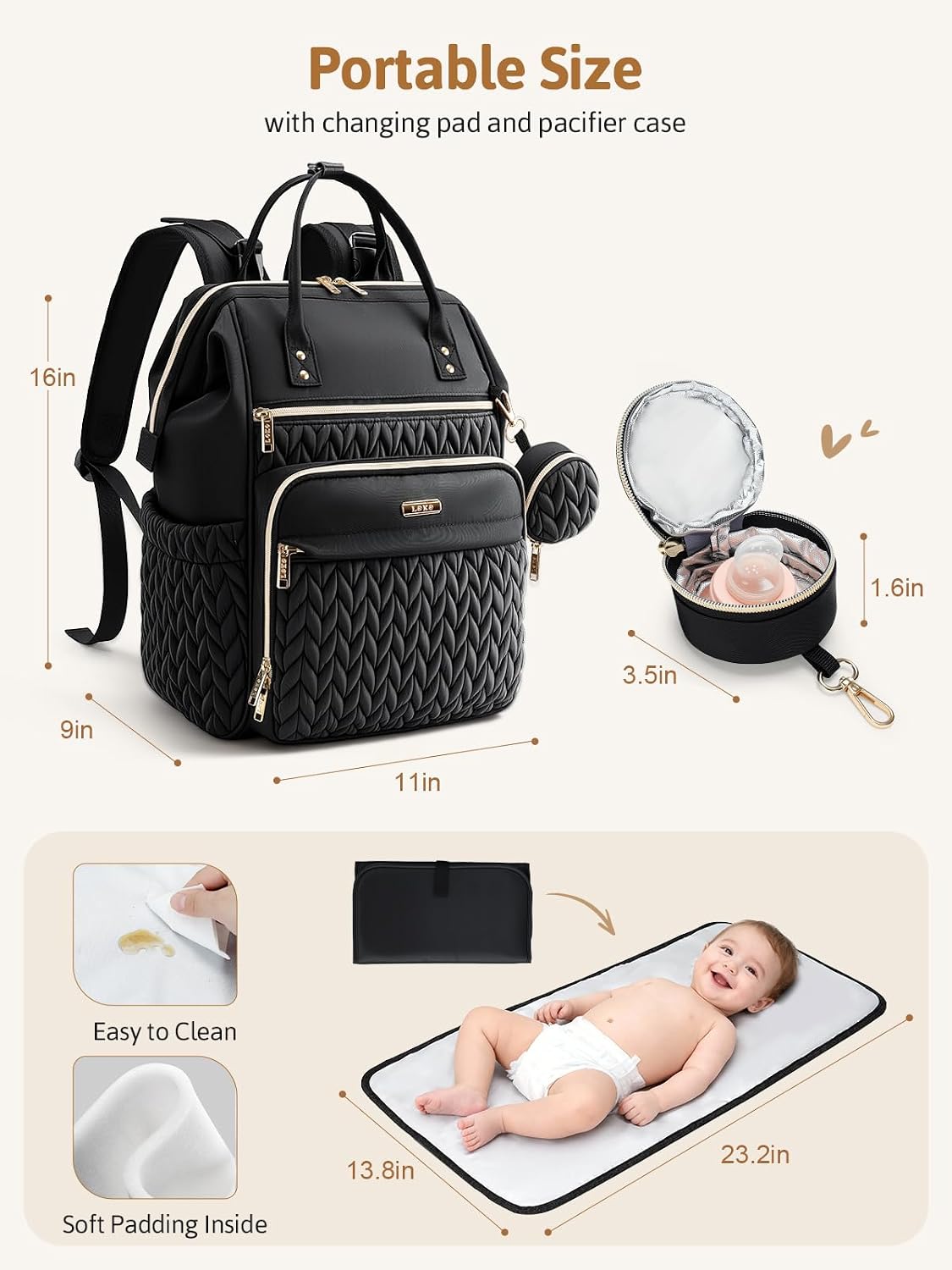 Lekesky Quilted Diaper Bag Backpack, Wide Opening Large Baby Bag for Mom Dad Maternity, Black Travel Diaper Backpack with Changing Pad, Insulated Pockets, Pacifier Case