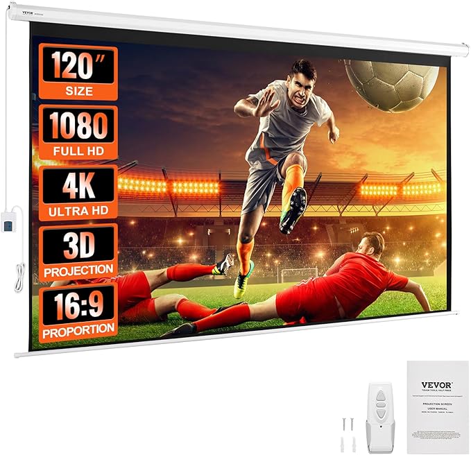 VEVOR Motorized Projector Screen, 120 inch 16:9 4K 1080 HD Electric Projector Screen, Automatic Projection Screen with Remote Control, Wall Mount Movie Screen for Family Home Office Theater