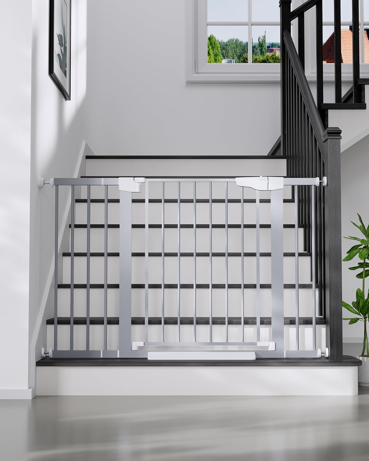 Cumbor 29.7-48" Baby Gate for Stairs, Mom's Choice Awards Winner-Dog Gates for Doorways, Auto Close Safety Pet Gate for Dogs Indoor, Easy Install Pressure Mounted Child Gate with Walk Thru Door, Gray Gray 29.7-48"W x 30.5"H