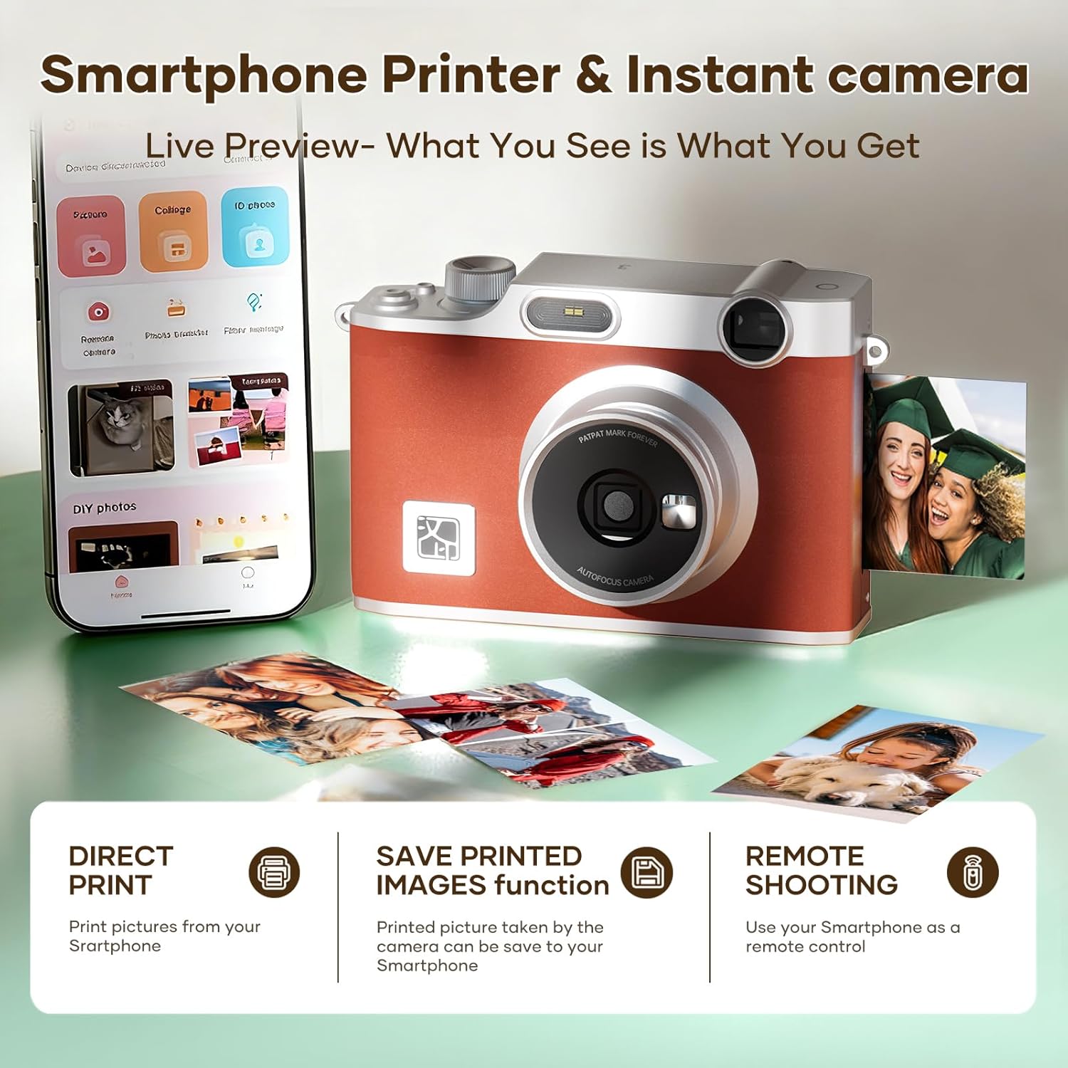 iDPRT Hanin Instant Film Camera, Instant Print Camera, Instant Digital Camera Wireless Bluetooth Photo Printer (2x3 inches) 10 Sheets, Brown