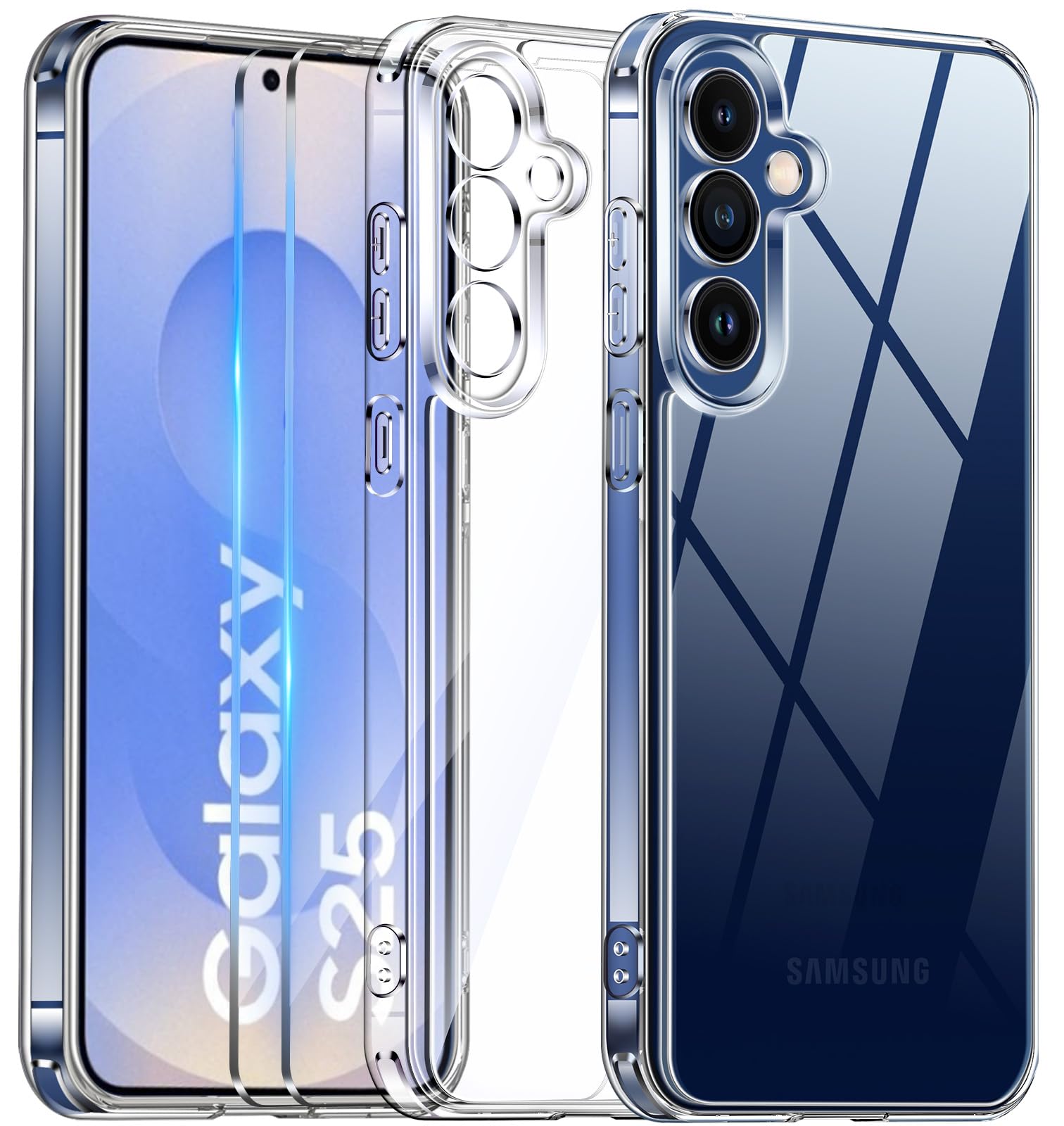 COPIKE Cover Antiurto per Samsung Galaxy S25 e 2 Pellicola Vetro Temperato, Custodia Protezione Fotocamera [Anti Ingiallimento] Sottile Hard PC, Trasparente