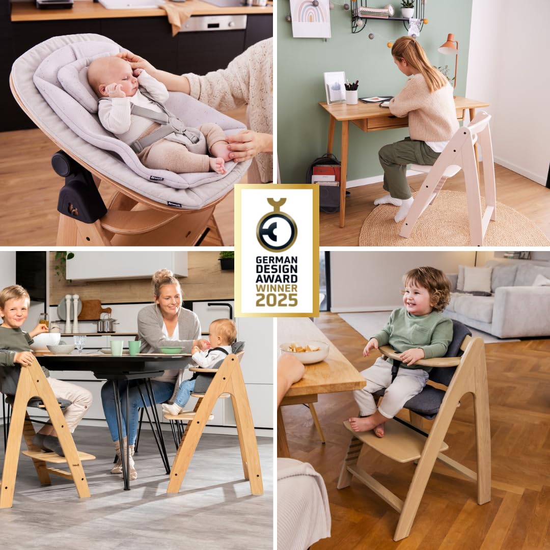 hauck Seggiolone Pappa Arketa Newborn Set Eco Bouncer – Seggiolone Evolutivo Legno Regolabile per Crescere insieme fin dalla Nascita, incluso Sdraietta Neonati e Cuscino (Faggio - Blackwashed)