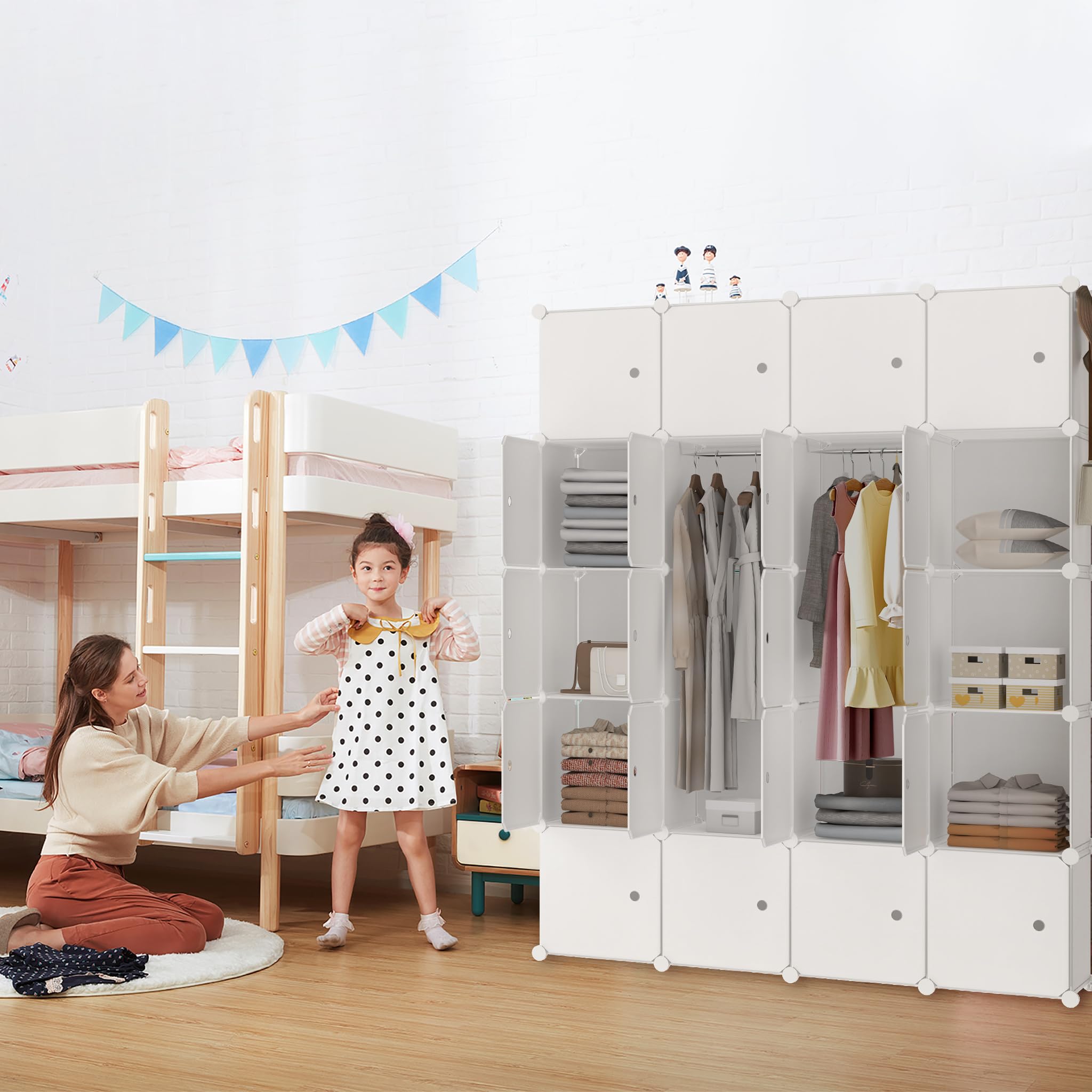 LZQ Armadio multiuso, sistema di scaffalatura fai da te, in plastica, per camera da letto, con porta, con 20 cubi e asta appendiabiti (latte)