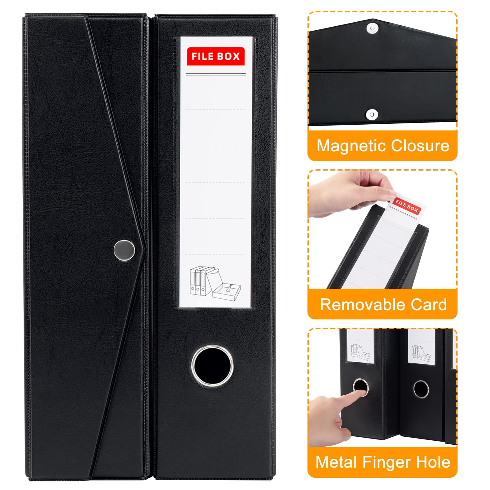 Srvnpioy 4 Pack Black Box File A4, 88mm Spine, Lock Spring with Ring Pull and Catch, Foldable Plastic Archive Box - Image 3