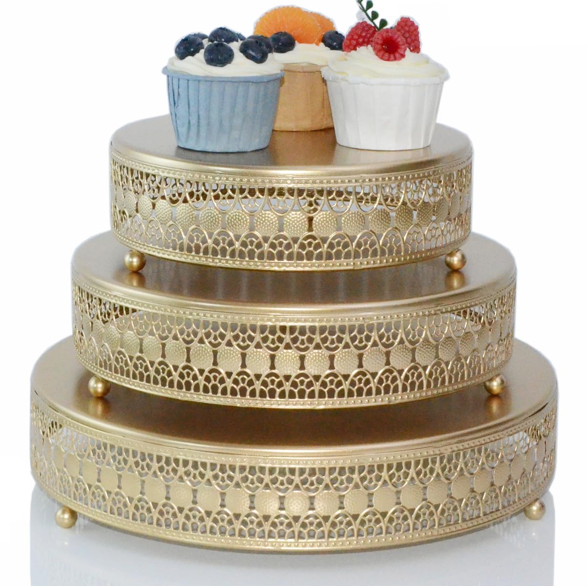 FEICTPOX Cake Stand Set of 3 Metal Cupcake Stands Dessert Display Plate for Wedding Party Birthday … (18K Gold)