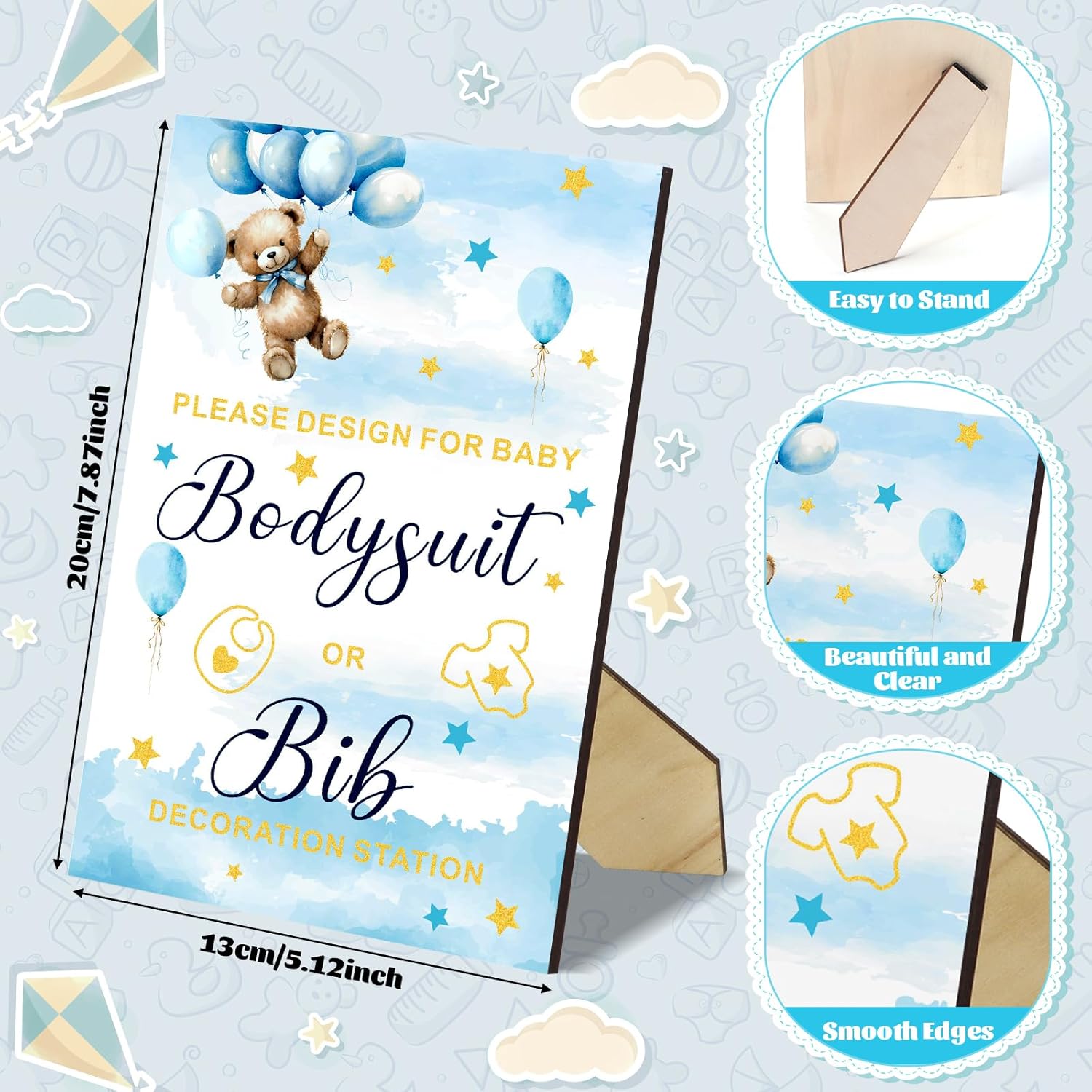 201 Pcs Baby Shower Set Baby Shower Game Sign Baby Bib Bodysuit White Baby Bib Newborn Bodysuit Baby Shower White Decorating Kit(New Blue Bear)