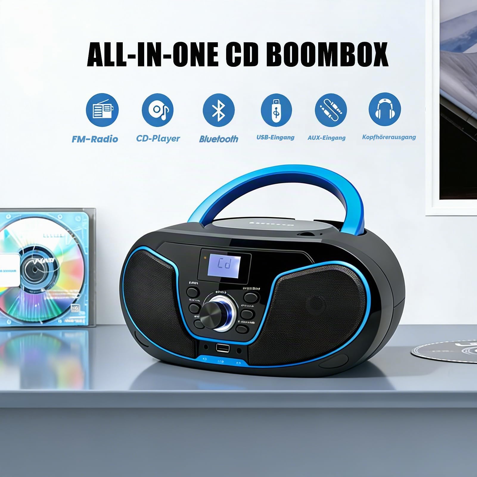 Tragbar CD Player Boombox Bluetooth - mit UKW Radio, USB Eingang & AUX & Kopfhörern Ports, Stereoanlage Music System (LP-D02)