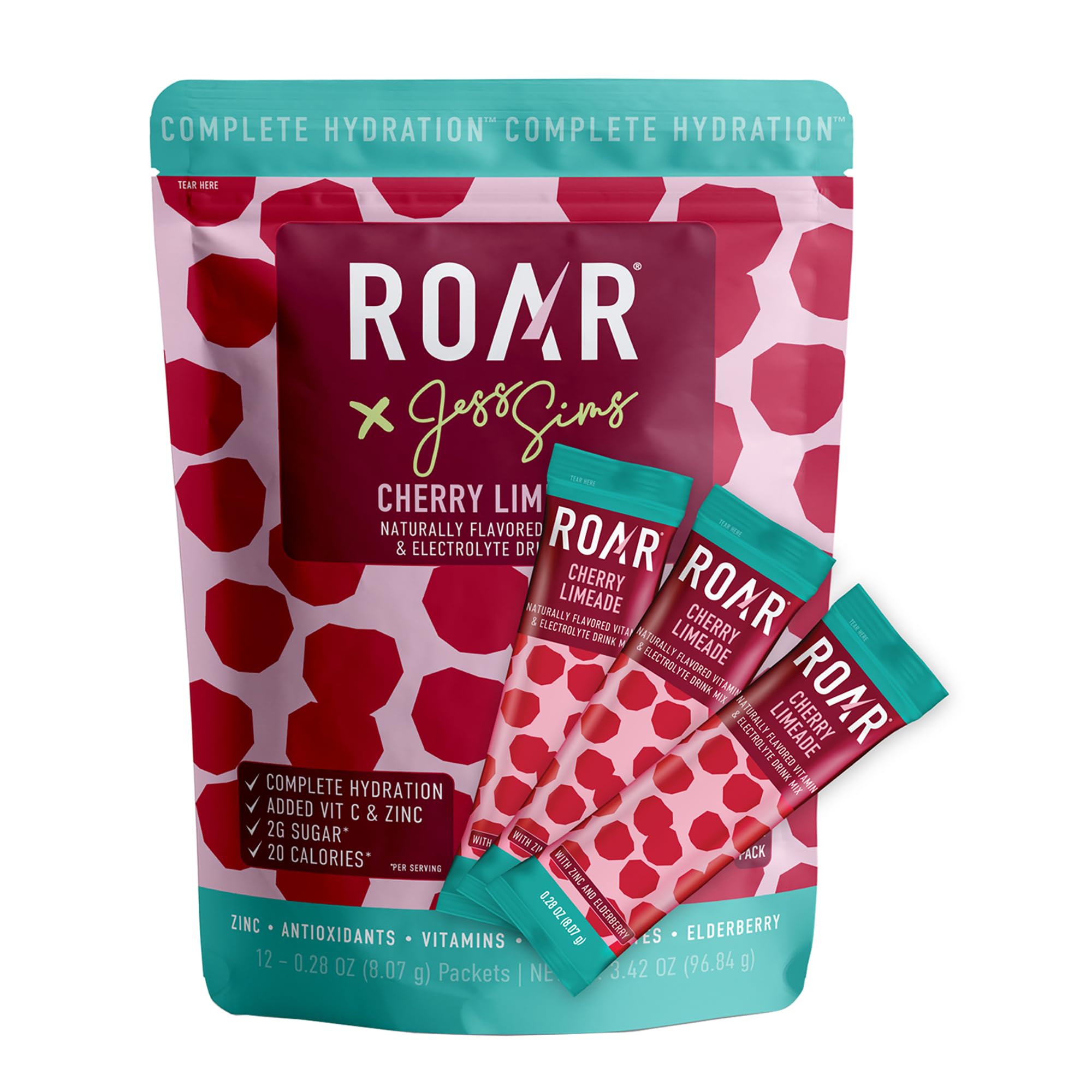 Roar Complete Hydration Powder Plus - Hydration Packets with Zinc and Elderberry - Electrolytes Powder No GMOs, Gluten Free - Cherry Limeade - 12 pc