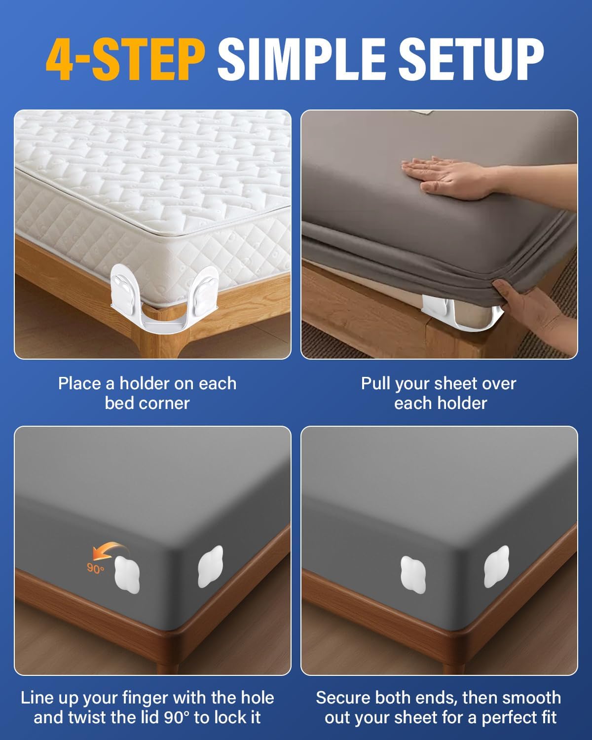 Twist-Lock Bed Sheet Holder & Corner Grippers - Stops Shifting & Bunching for a Tight Fit, Innovative Clip-Free Design,Universal for All Mattress & Sheet Sizes, Easy Install