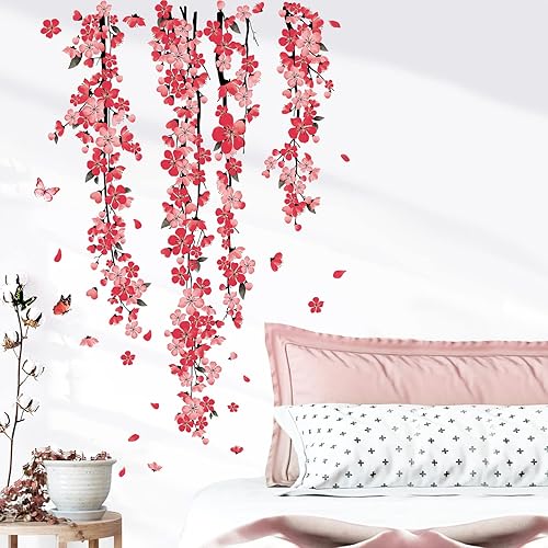decalmile Calcomanías de pared de acuarela con flores de vid colgantes de flores rojas hojas de pared calcomanías de pared para dormitorio sala de