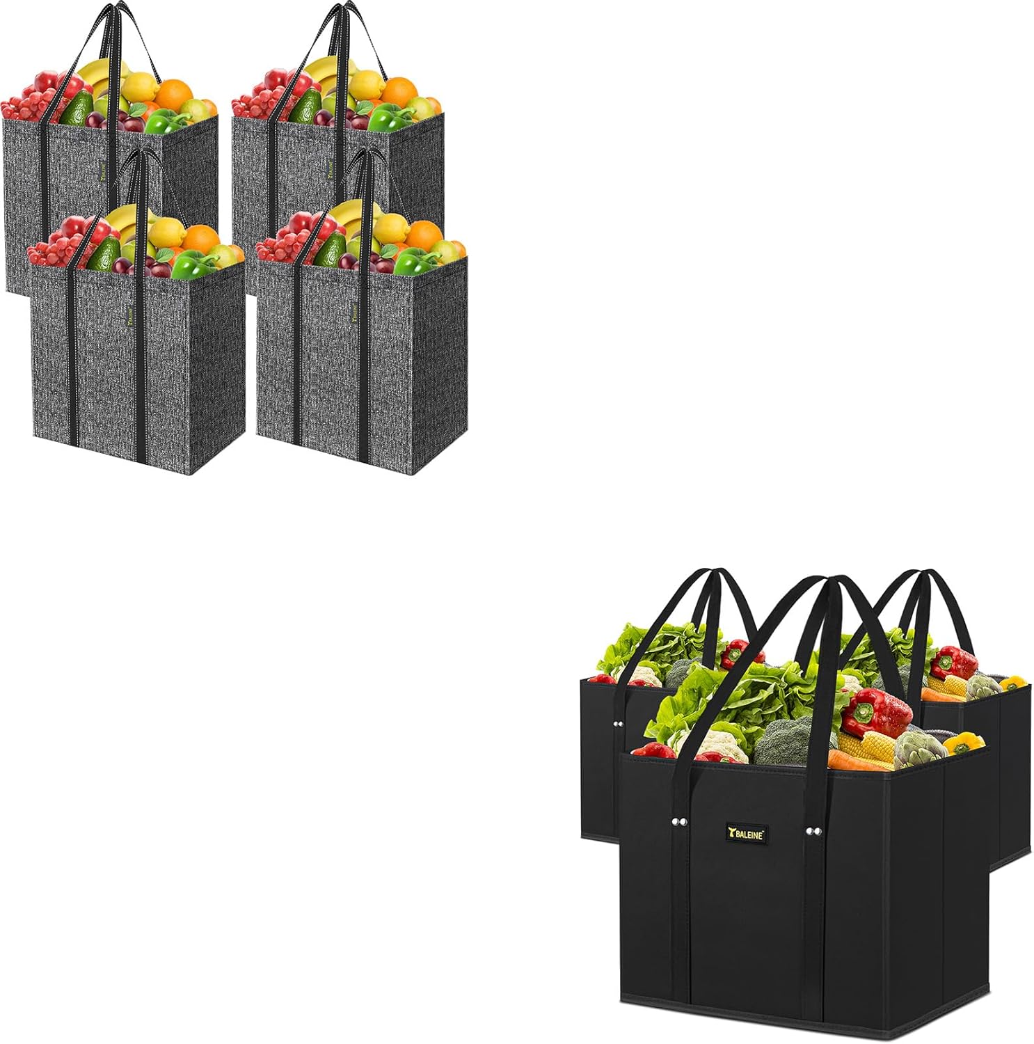 BALEINE 4 Pack Reusable Shopping Bags with Reinforced Bottom and 3 Pack Reusable Grocery Bags