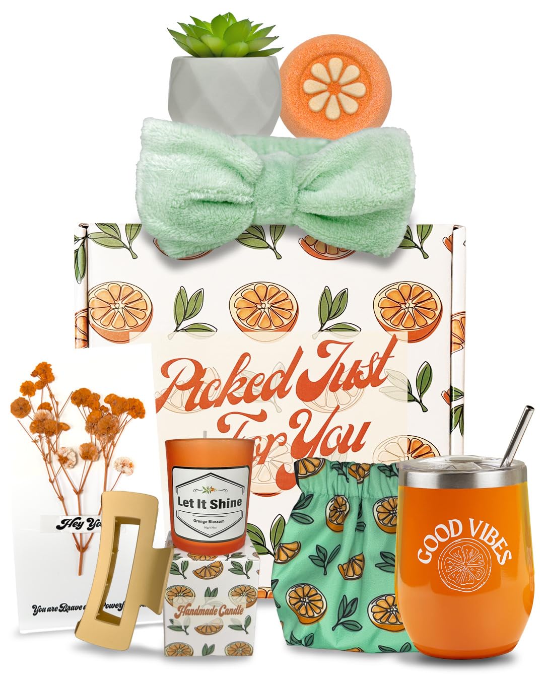 Sunny&Wise Orange Themed Gift Baskets for Women - Designed in USA - Care Package, Self Care Gifts, Get Well Soon, Thinking of You