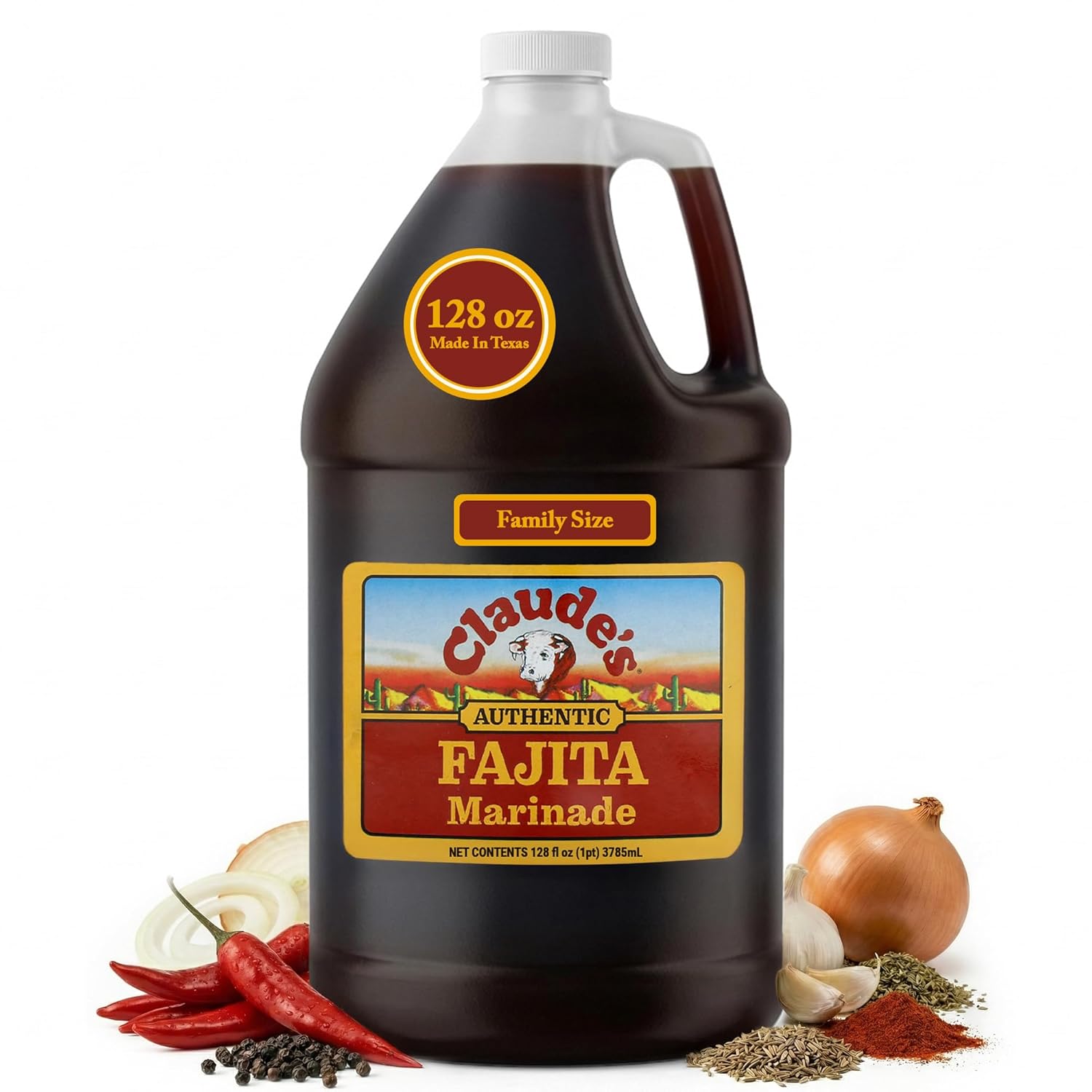 Claude's Authentic Fajita Marinade (128oz, 1 Pack) - Real Hickory Smoke, Red Chili Fajitas Sauce for Steak, Chicken, Pork or Shrimp – Gluten-Free Tex-Mexican Hot Sauce - Texas Two Step Fajita Marinades