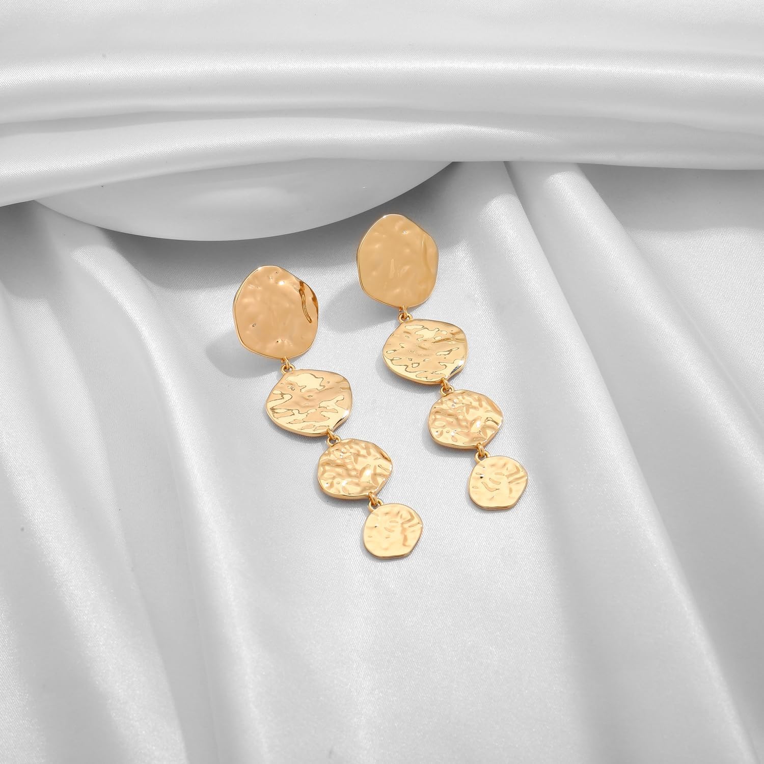 Gold Earrings For Women With Four Hammered Circle Round Gold Leaf Earring Worn Gold Dangle Drop Earrings Statement Earrings Fashion Jewelry - Image 5