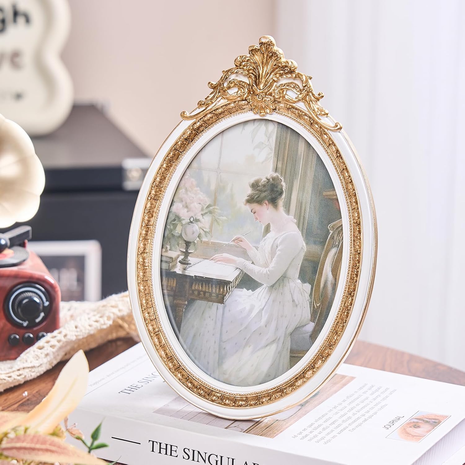 5x7 Picture Frame, Ornate Antique Photo Frame, Hand-Crafted Vintage Resin Oval Table Frame, Hanging Frames with Easel, Hook & Mat, for Table Top & Wall Gallery (White Gold)