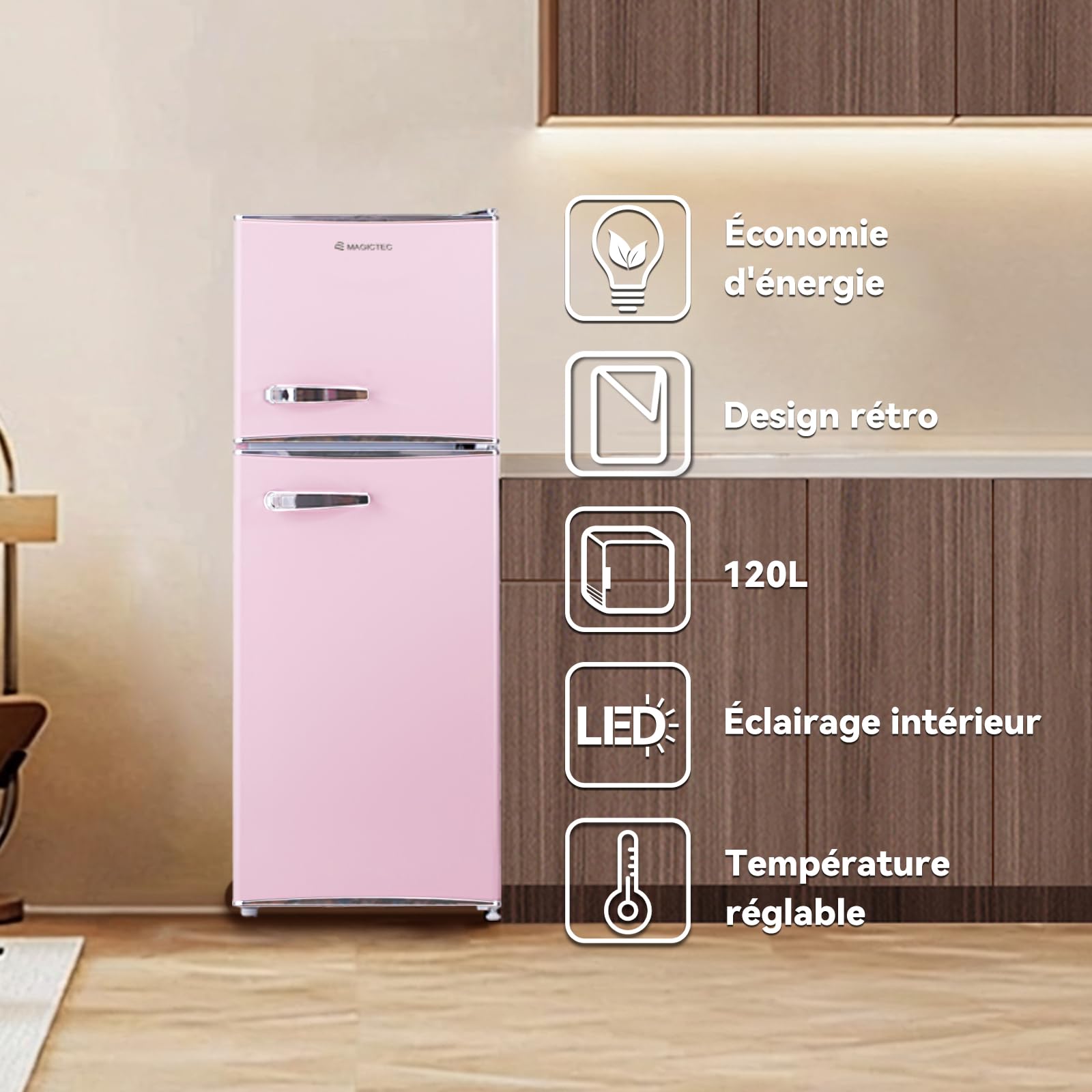 magictec Frigo vintage,Retro réfrigérateur congelateur | 120 L (88 L/32 L congelateur) | Low Frost | Combiné refrigerateur congélateur | Design vintage | Éclairage LED | Rose