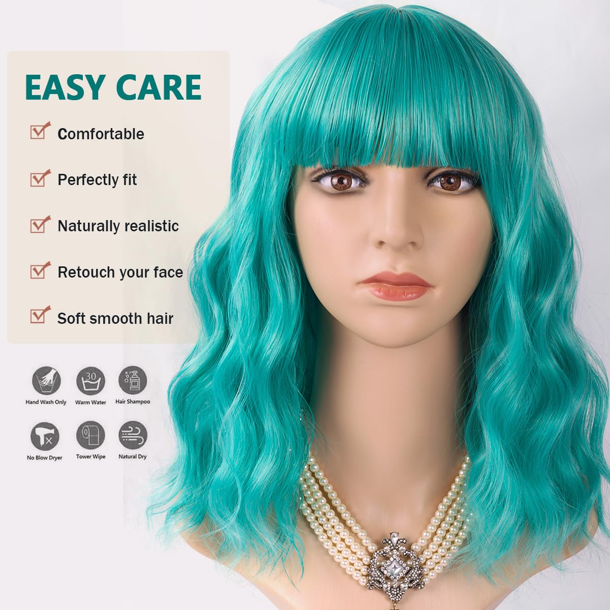 Amazon.com: KETTIKALER Teal Wavy Short Bob Wig with Bangs 14 