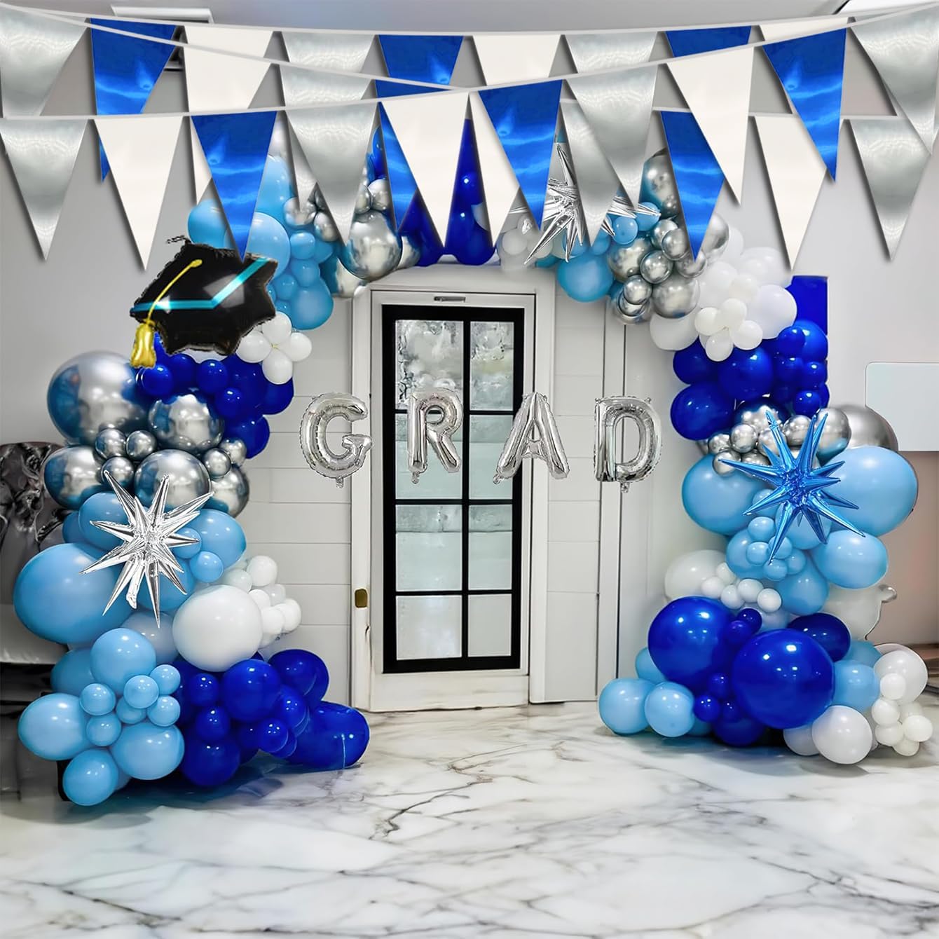 65FT Navy Blue White Silver Triangle Pennant Banner Flag Metallic Fabric Bunting Garland for Christmas Graduation Birthday Wedding Bridal Shower Nautical Ahoy Achor Theme Party Decorations Supplies - Image 3