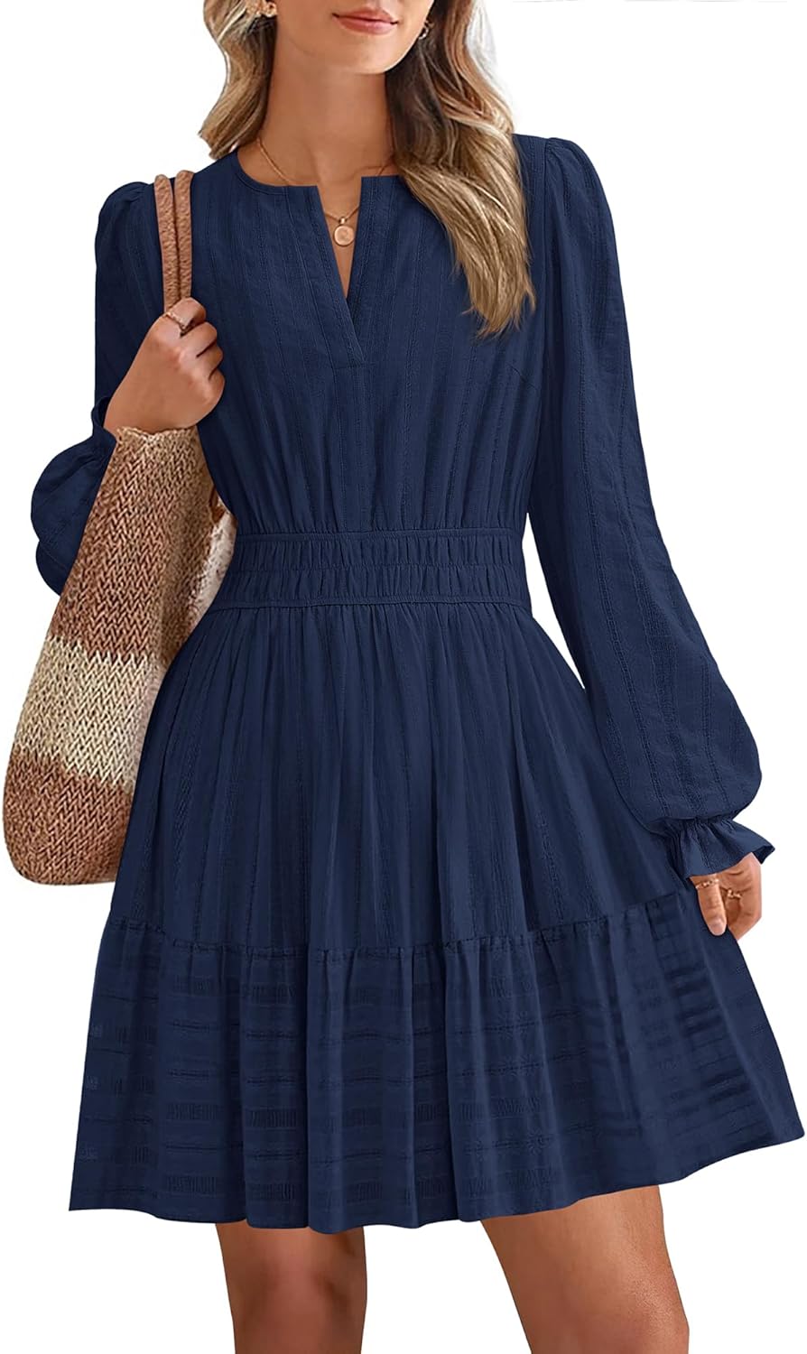 BTFBM Mini Dresses for Women 2026 Casual Lightweight Long Sleeve V Neck A Line Elastic Waist Party Holiday Dress