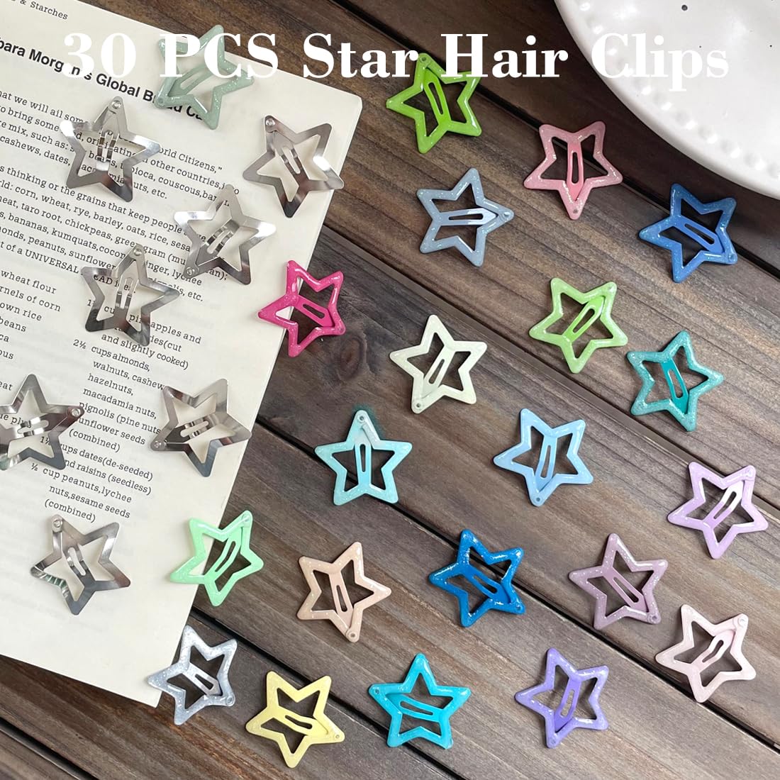 30 pinzas para el cabello con estrellas brillantes de 1.22 pulgadas, clips antideslizantes para niñas y mujeres, clip de metal multicolor, pasadores de pelo de estrella para mujeres 6