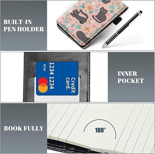 Miniatura 5 de Juego de 4 mini bloc de notas de bolsillo, diseño de flor de gato, funda para cuaderno pequeño con 2 ranuras para tarjetas, 1 lápiz capacitivo y 2