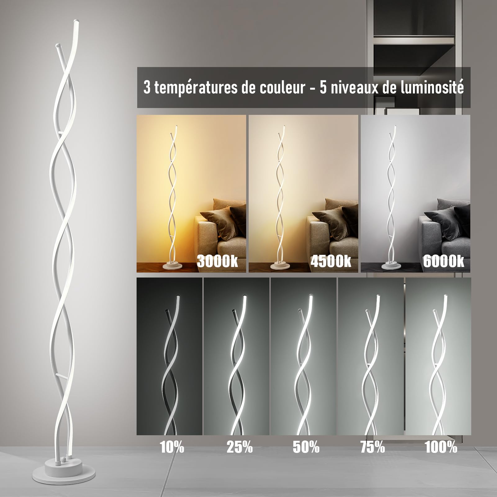 Lampa stojąca, do salonu, salonu, salonu, 3 temperatury barwowe i 5 poziomów jasności, 140 cm, biała lampa stojąca, do salonu, sypialni, restauracji, biura