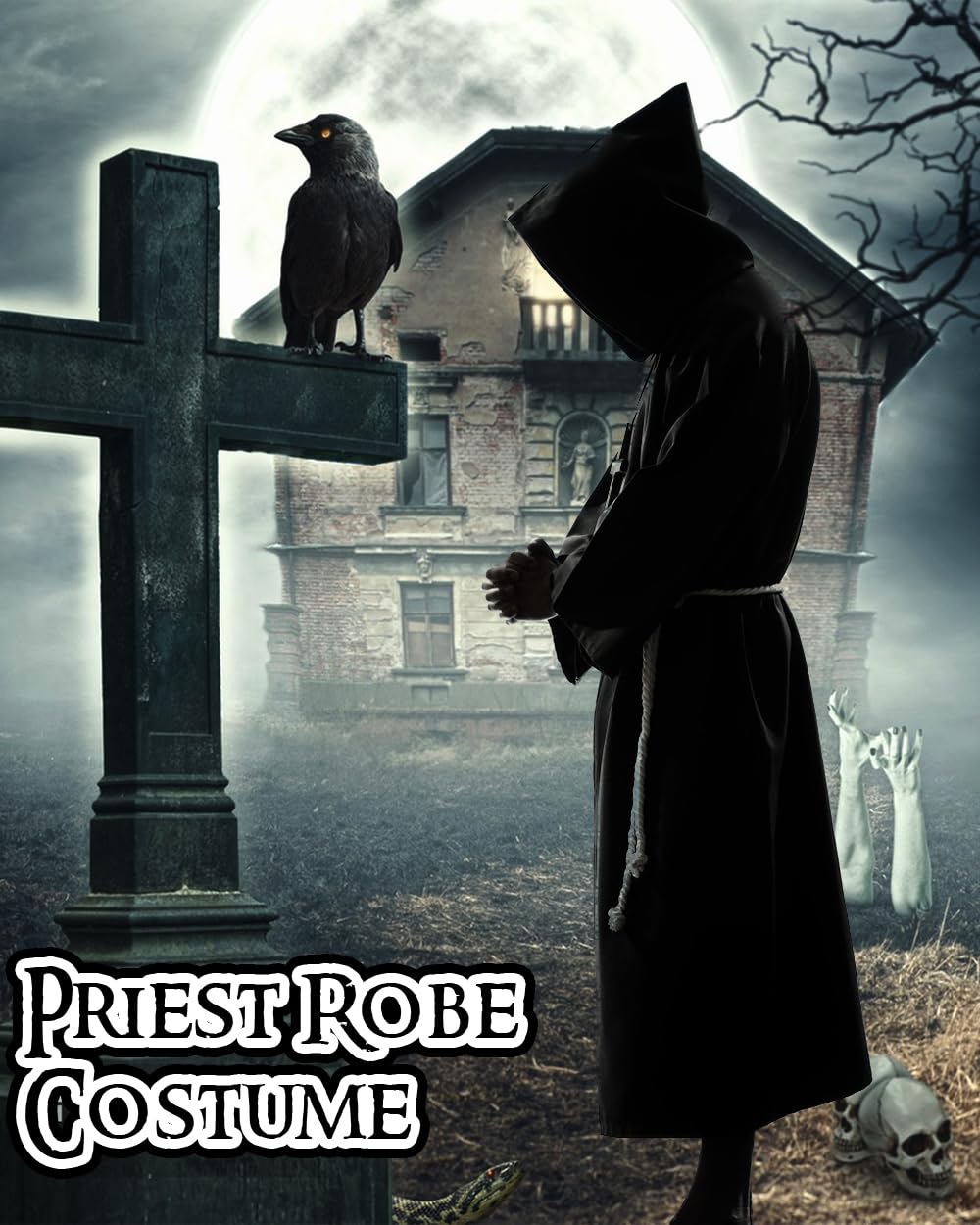 Kostium mnicha, szata kapłana, kostium mnicha, średniowieczny, renesansowy, kostium mnicha na Halloween, kostium czarodzieja z płaszczem, linką w talii i krzyżykiem na szyję dla dorosłych