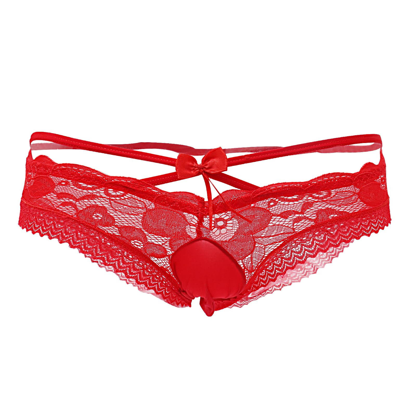 Evankin Men's Normal Red Sissy Panties Sexy Hollow Out Lace Girly Lingerie See Through Underwear Bulge Pouch Bowknot, Xs