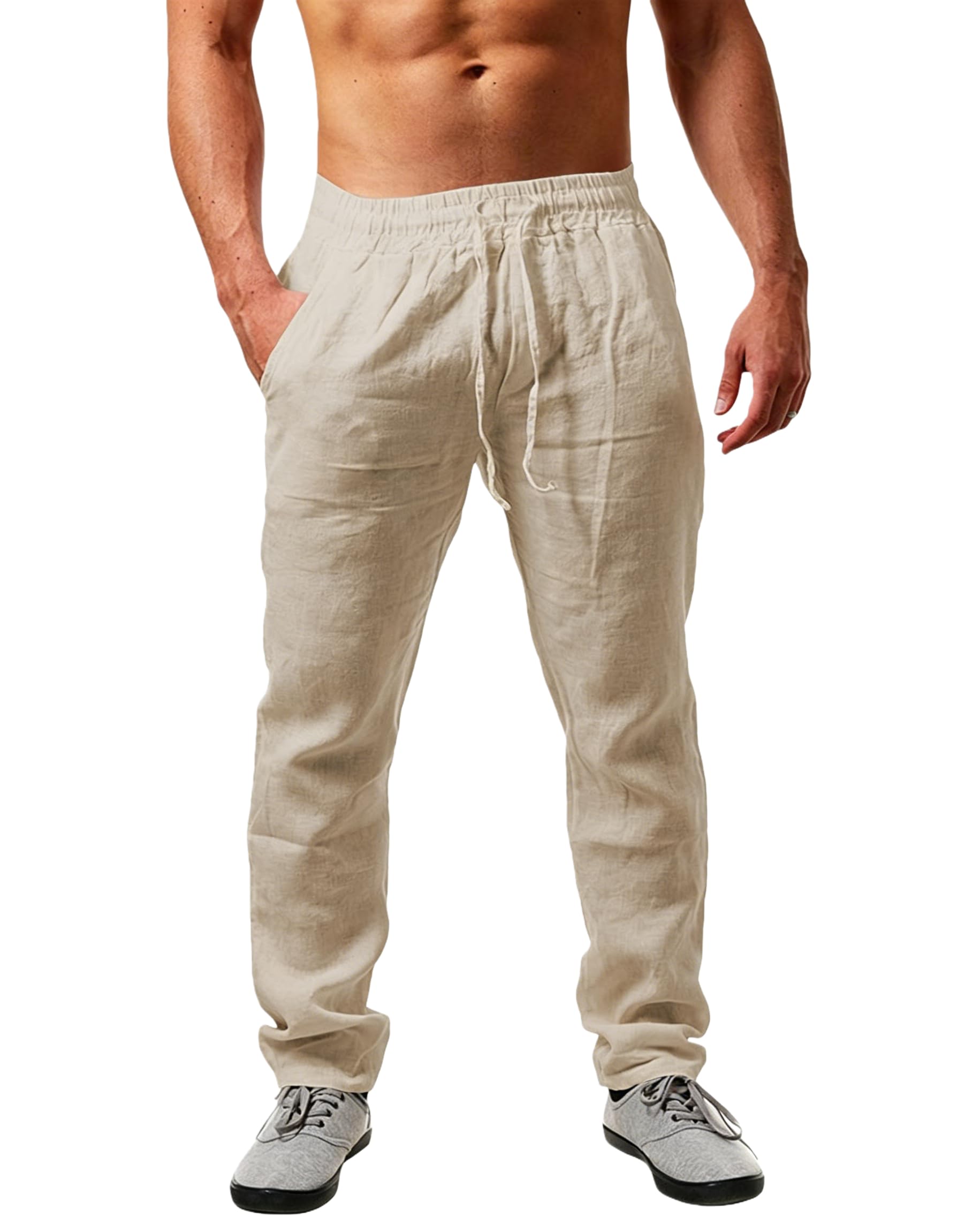 Cegerne Pantaloni in Lino Estivi Uomo Leggeri e Traspiranti, vestibilità Larga, Vita Elastica con Coulisse, Tinta Unita – Ideali per Estate, Vacanze e Spiaggia