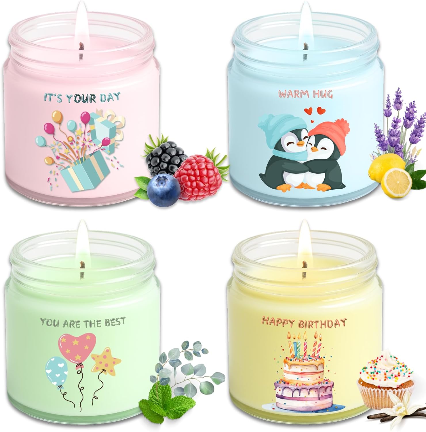Luina Birthday Candle Gift Set – Scented Soy Candles in Glass Jars, 4 Pack Scented Candle Set for Home Fragrance, Happy Birthday Gift for Women, Friends, Mom, Giftable Candle Set