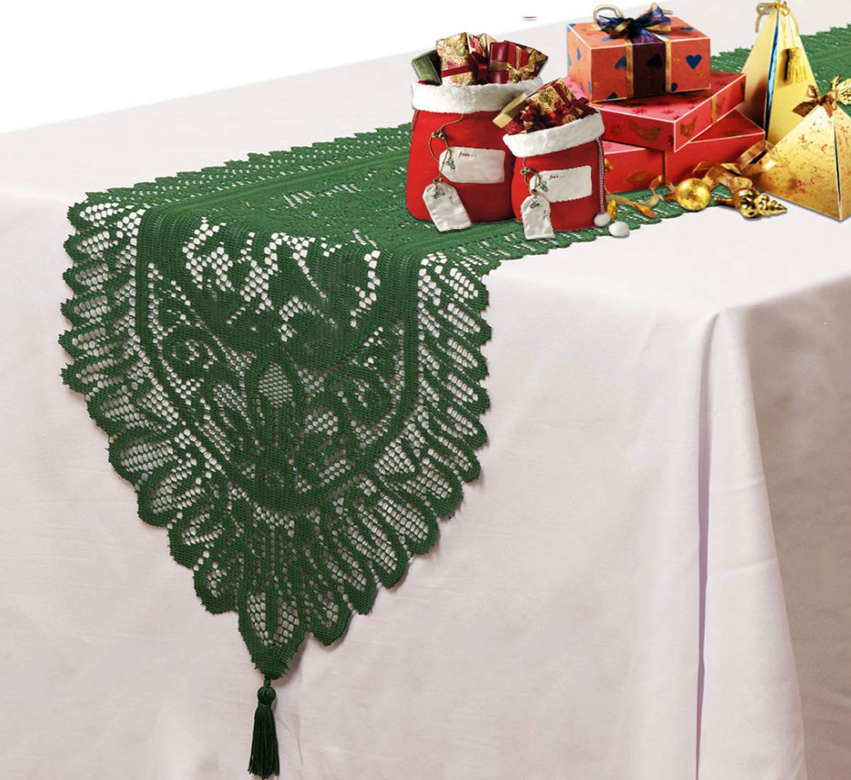 Fabric Table Runner 13" by 60" Green Table Scarf with Tassels for Christmas, Holiday ,Wedding Decoration