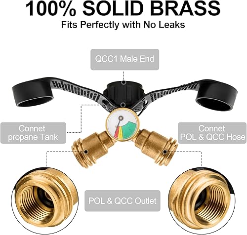 Miniatura 3 de Divisor de tanque de propano de 2 vías con válvula de cierre, tanque de propano en Y, adaptador de tanque de propano doble válvula con calibre,