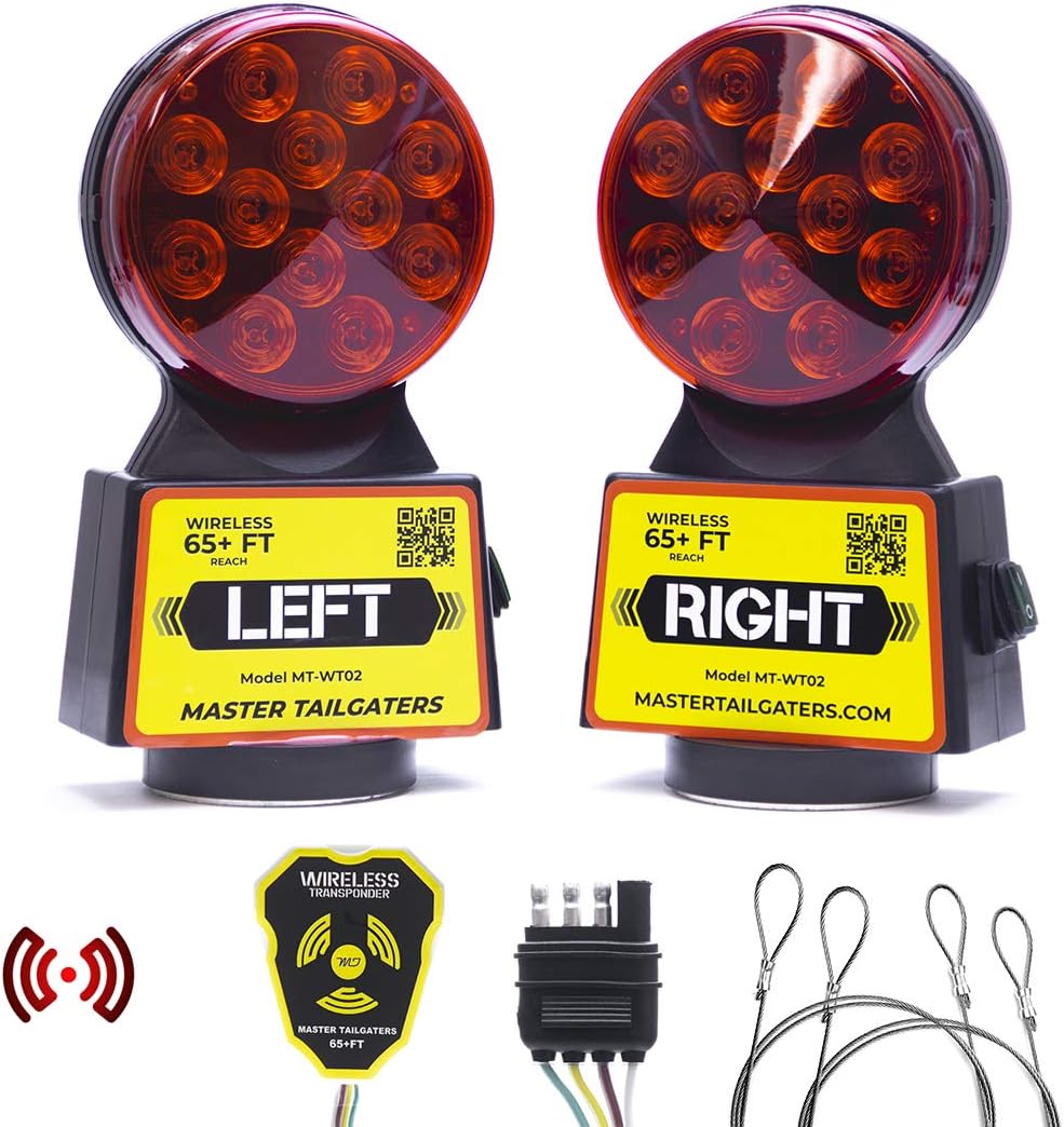 Master TailgatersWireless Trailer Tow Lights | Multi Functional Signal Lights | Sturdy Magnetic Mount | 65 Feet Range | 4 Pin Blade Connection | Safety Straps Included