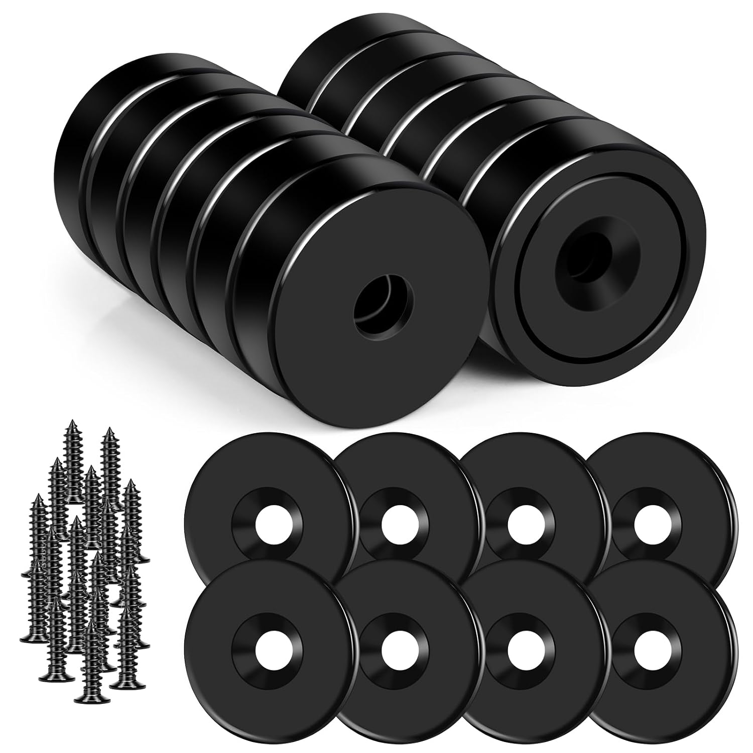 DIYMAG 12Pcs Neodymium Round Base Cup Magnet, 30LBS Strong Rare Earth Magnets with Heavy Duty Countersunk Hole and Stainless Screws for Refrigerator Magnets Office Craft 0.79 x 0.2 inch (Black)