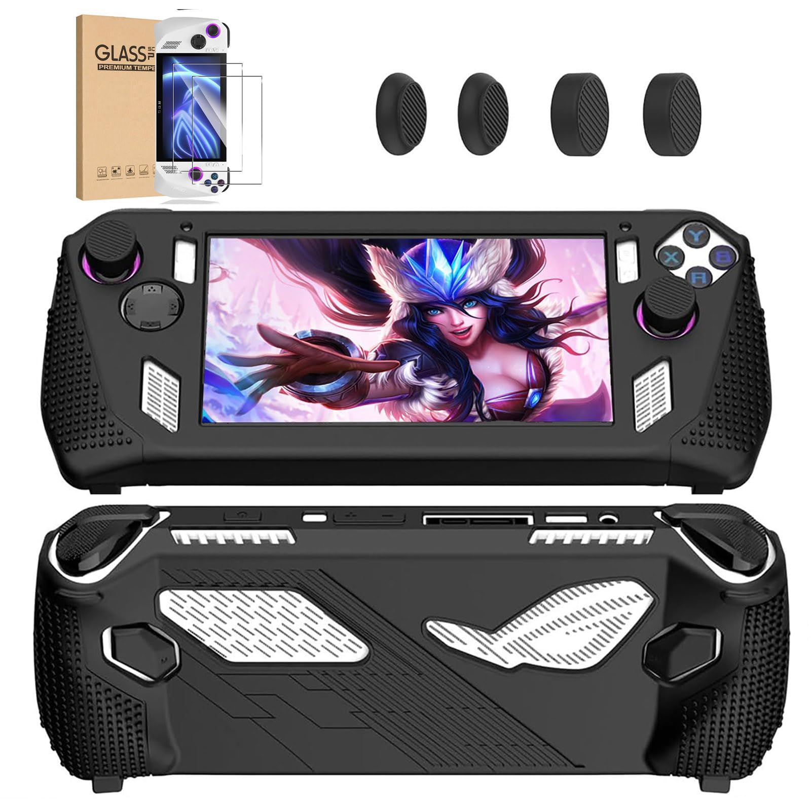 5 in 1 Kit for ASUS Rog Ally, Silicone Protective Case for ASUS Rog Ally, Anti-Scratch Shockproof Cover, Non-Slip Skin-Friendly Case with 2 Rocker Caps for Gaming Handheld Console(Black)