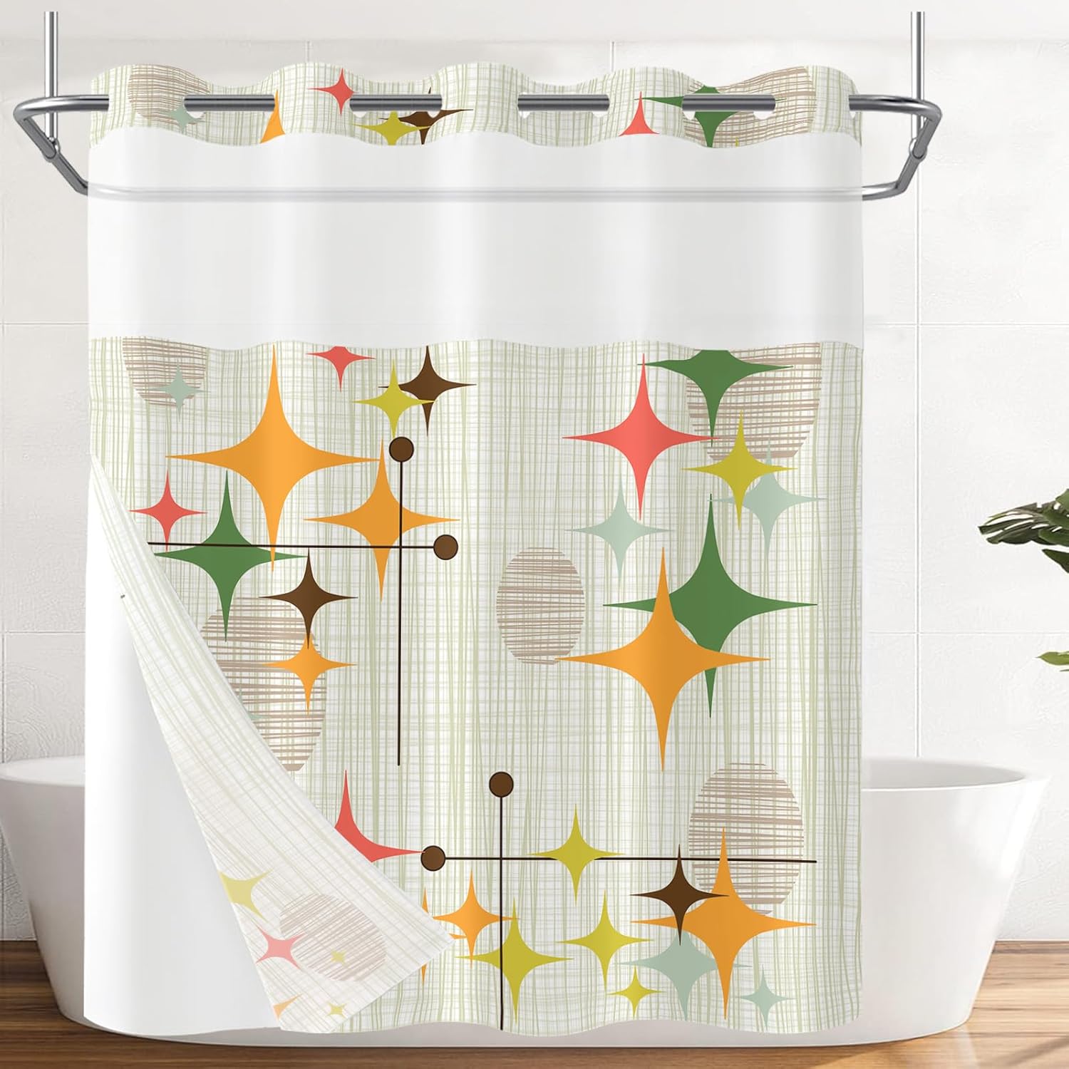 No Hook Shower Curtain with Snap in Liner Mid Century Modern Hookless Shower Curtains for Bathroom Retro Stars Abstract Vintage Boho Art Waterproof Fabric Bath Curtain Decor 71×74 in