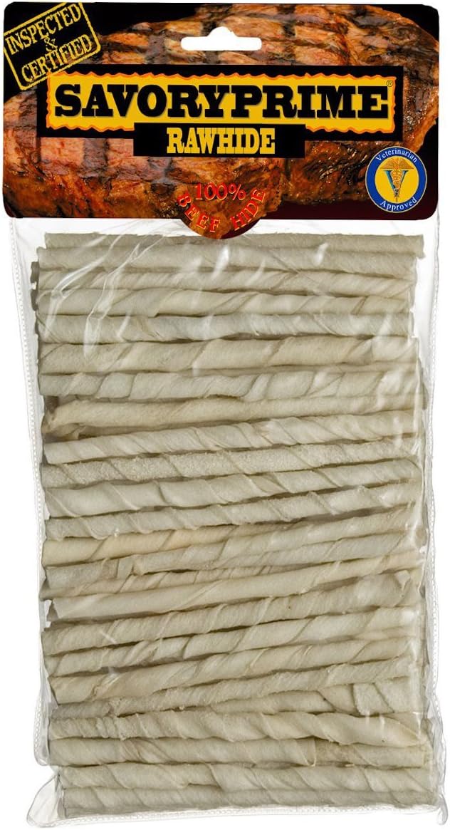 Savory Prime 100 Count 5 Inch White Rawhide Twist Sticks 017