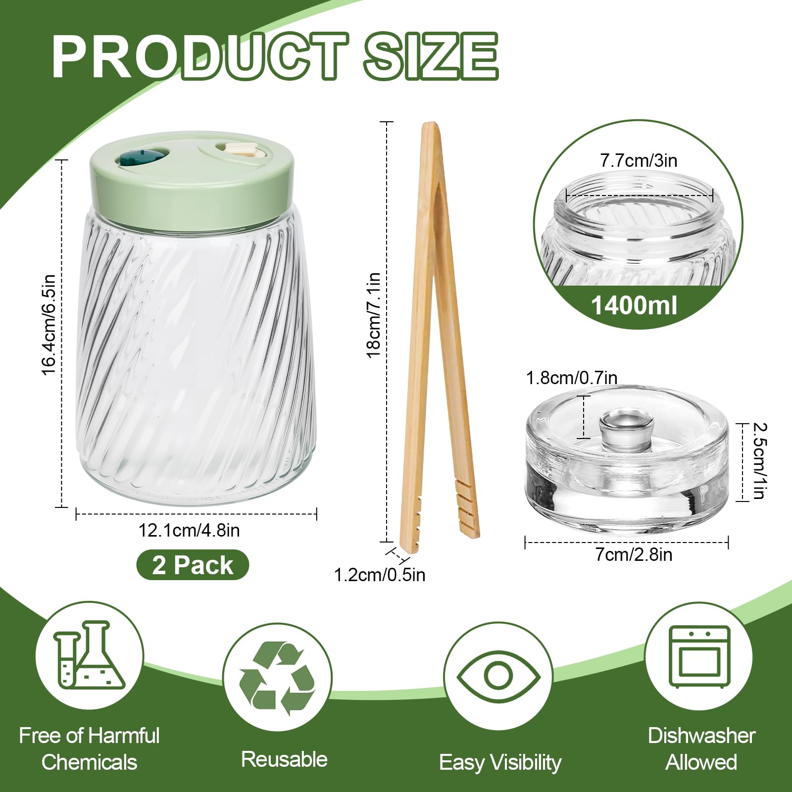 USHOP Słoik Fermentacyjny z 2 Otworami Wentylacyjnymi,Słoiki Fermentacyjne 1.4 L Pojemnik Kimchi,do Fermentacji Kefiru, Kimchi, Kapusty Kiszonej, Zakwasu, Owsa na Noc, Słoików Fermentacyjnych,2 Szt
