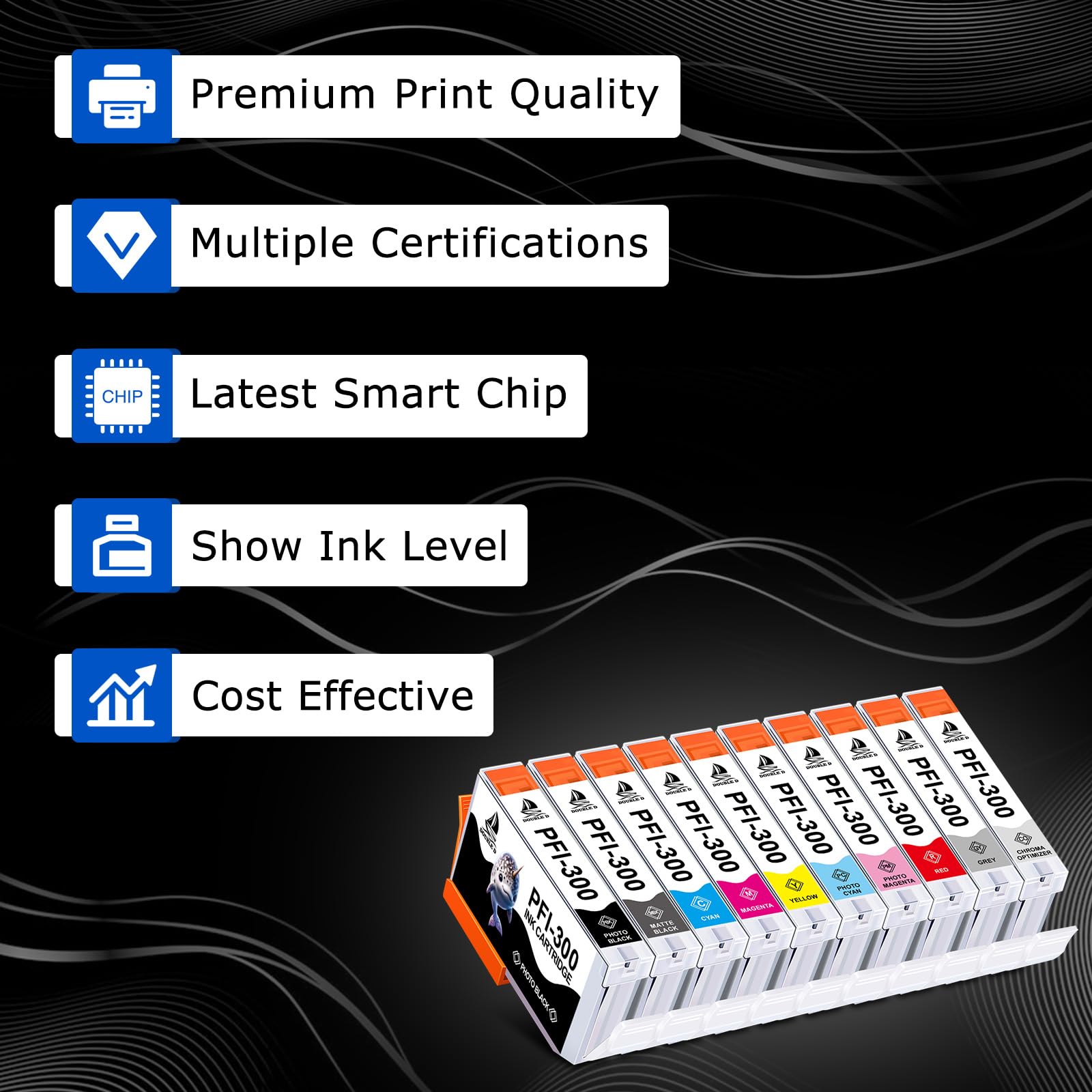DOUBLE D PFI-300 Cartucce Compatibili per Canon PFI-300 PFI-300MBK PFI-300PBK PFI-300C PFI-300M PFI-300Y PFI-300PM PFI-300PC PFI-300R PFI-300GY PFI-300CO per Canon imagePROGRAF PRO-300(10Pack)