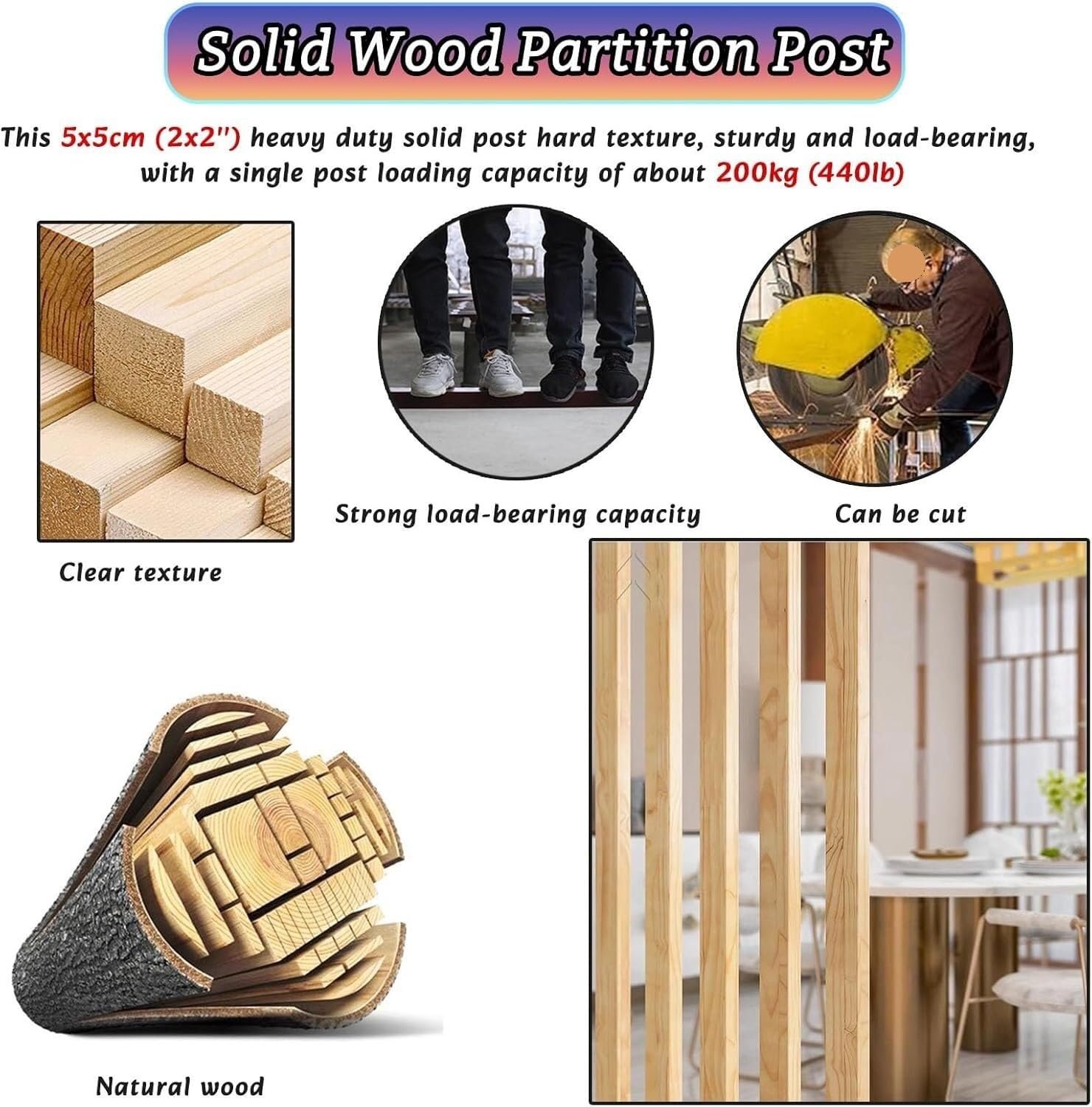 Divisor de Listones de Madera Independiente de Piso a Techo, Pantalla de privacidad Ajustable for pasillos y escaleras(160cmx10pack)